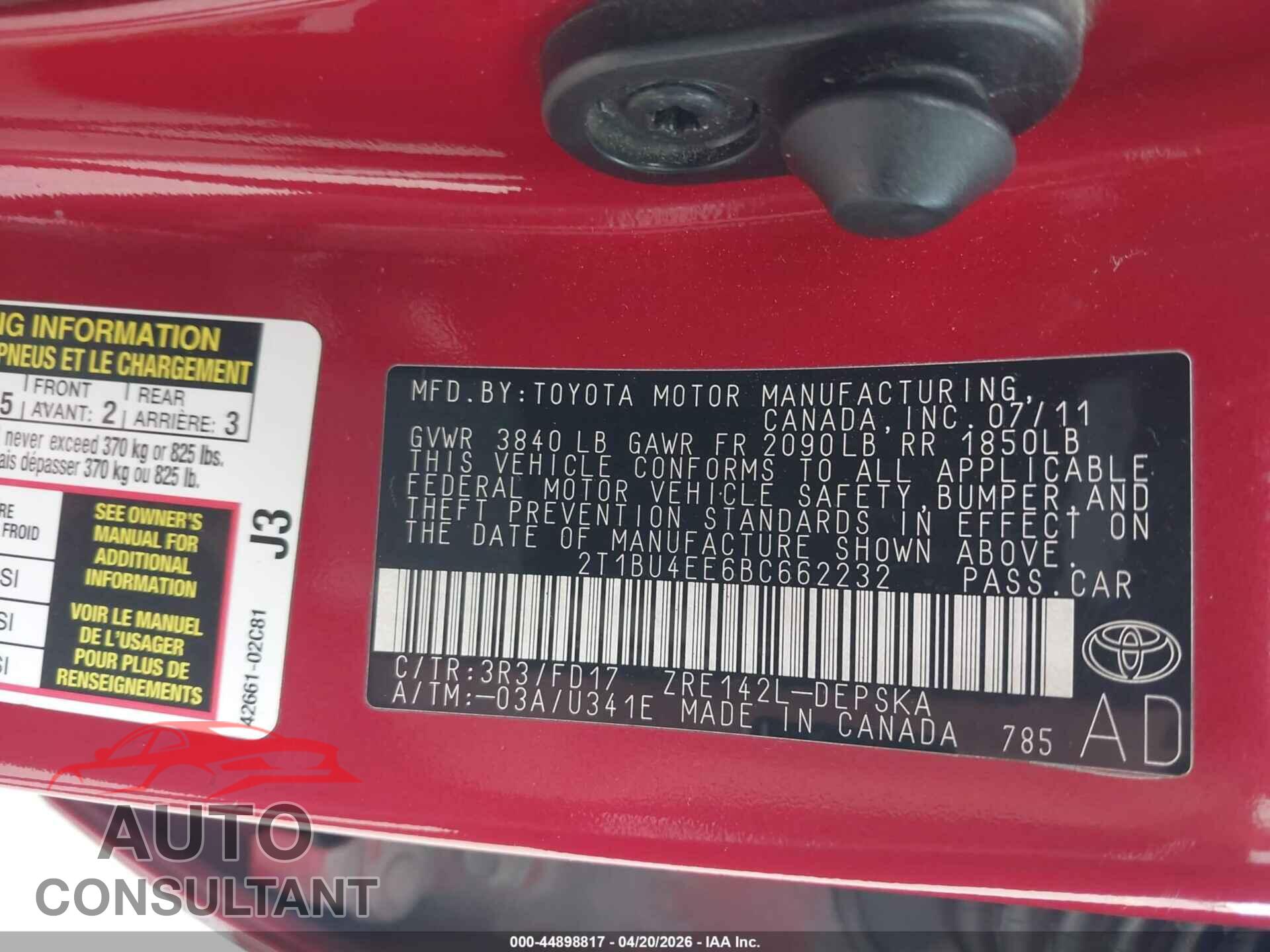 TOYOTA COROLLA 2011 - 2T1BU4EE6BC662232