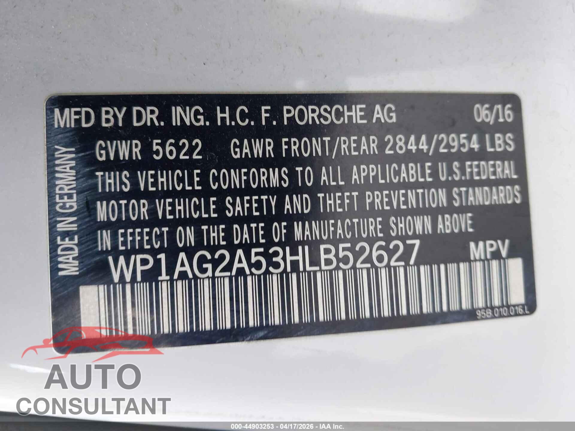 PORSCHE MACAN 2017 - WP1AG2A53HLB52627