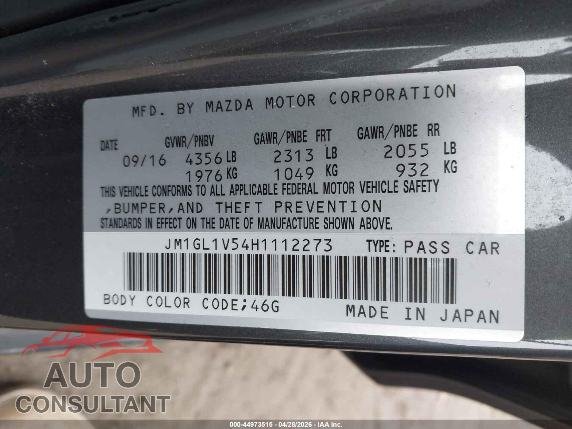 MAZDA MAZDA6 2017 - JM1GL1V54H1112273