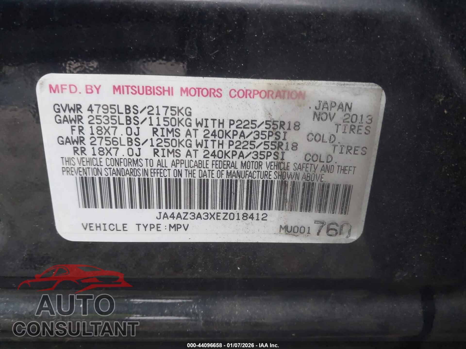 MITSUBISHI OUTLANDER 2014 - JA4AZ3A3XEZ018412