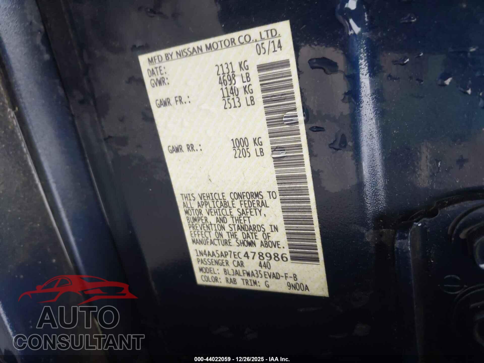 NISSAN MAXIMA 2014 - 1N4AA5AP7EC478986
