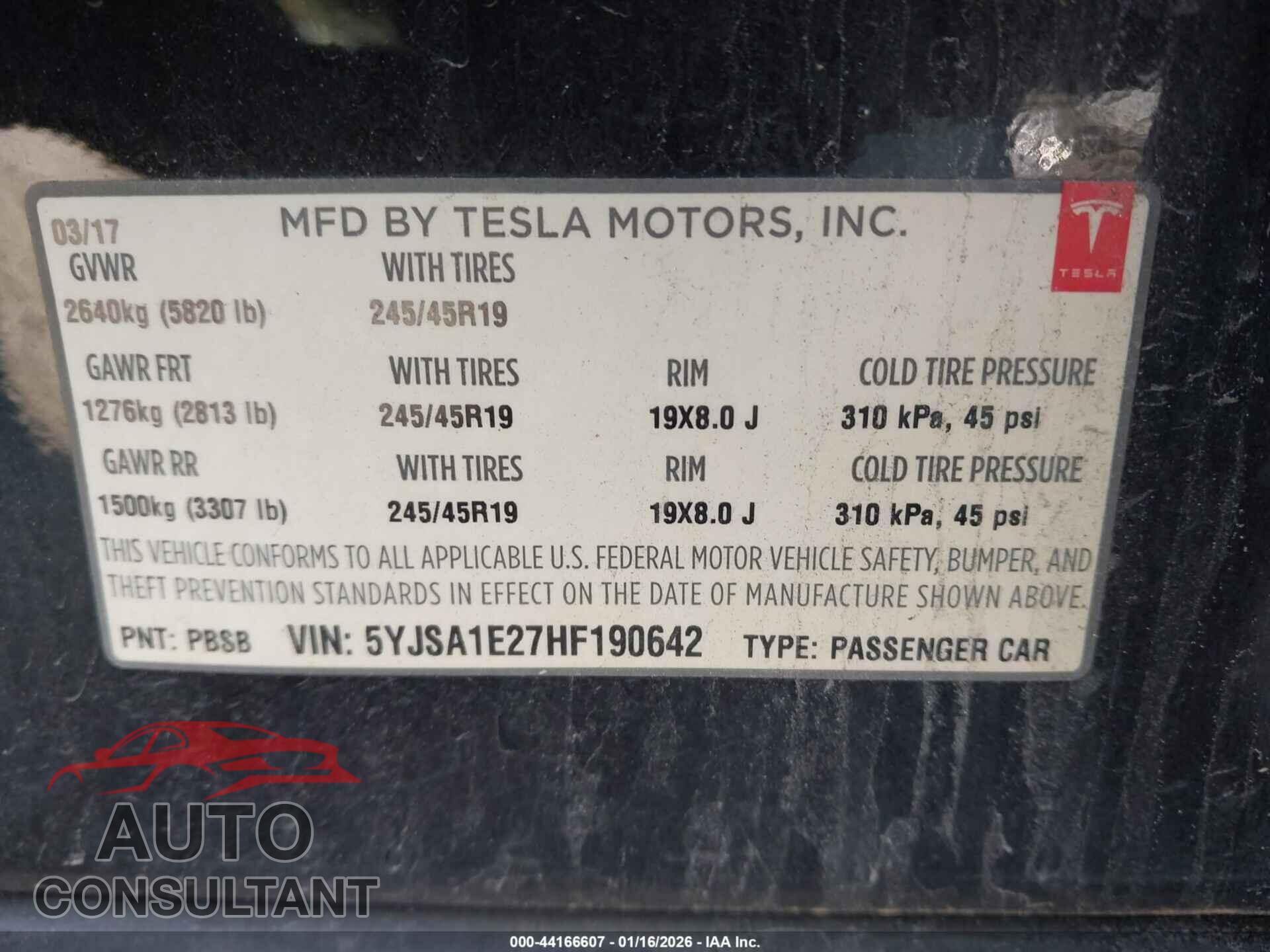 TESLA MODEL S 2017 - 5YJSA1E27HF190642