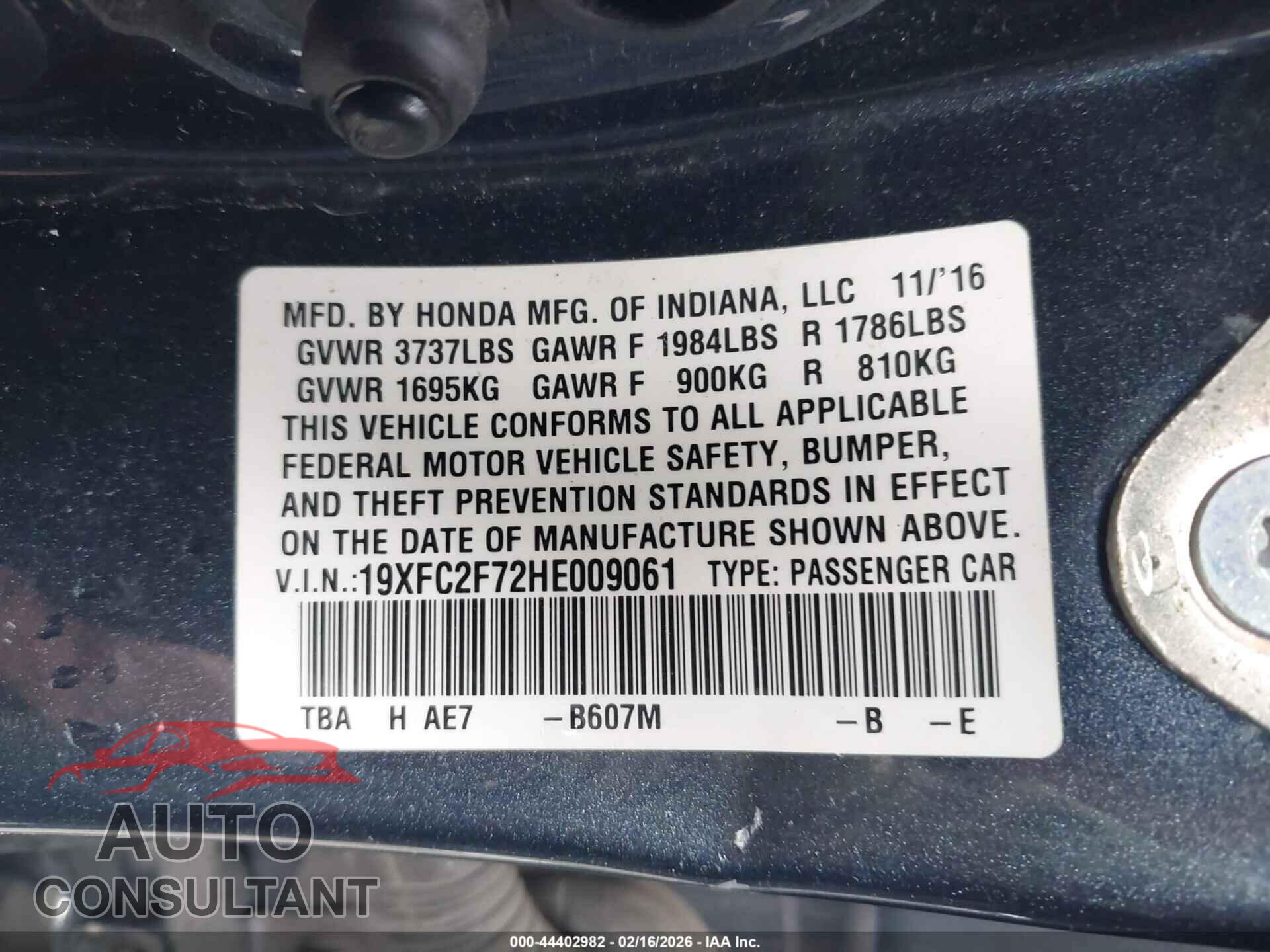 HONDA CIVIC 2017 - 19XFC2F72HE009061