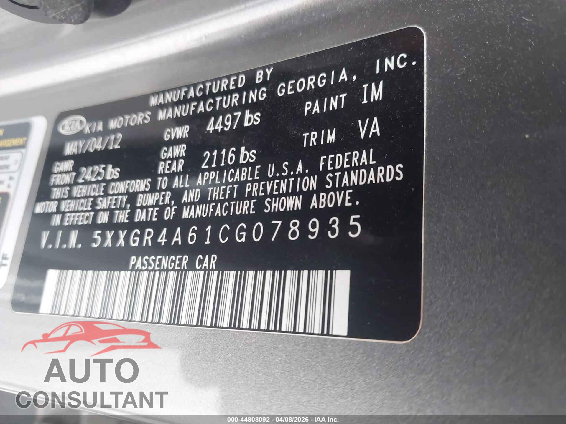 KIA OPTIMA 2012 - 5XXGR4A61CG078935
