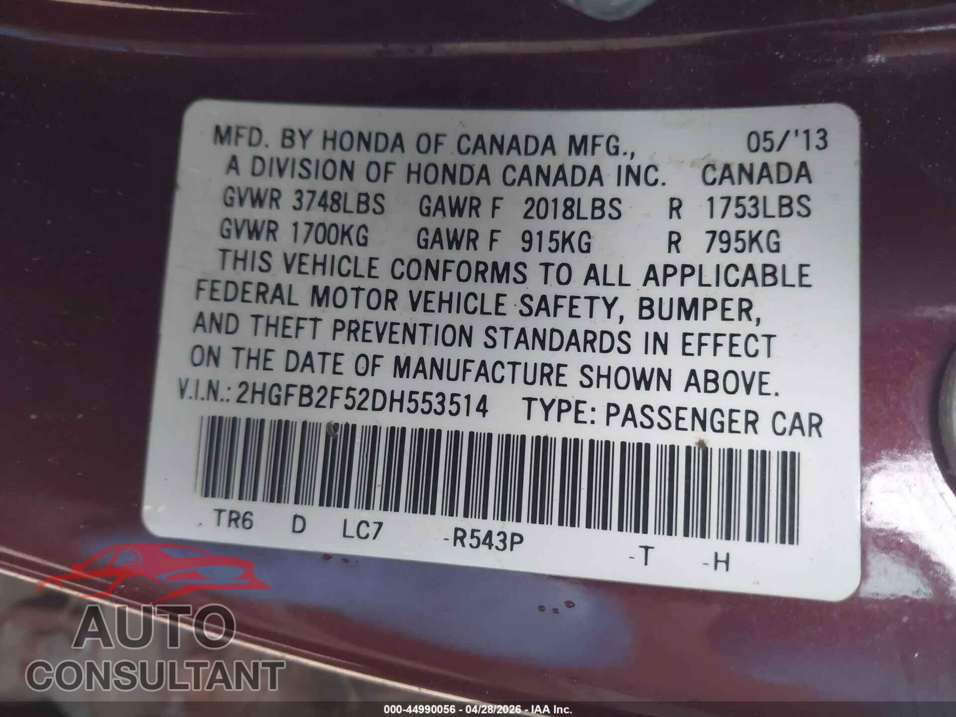 HONDA CIVIC 2013 - 2HGFB2F52DH553514