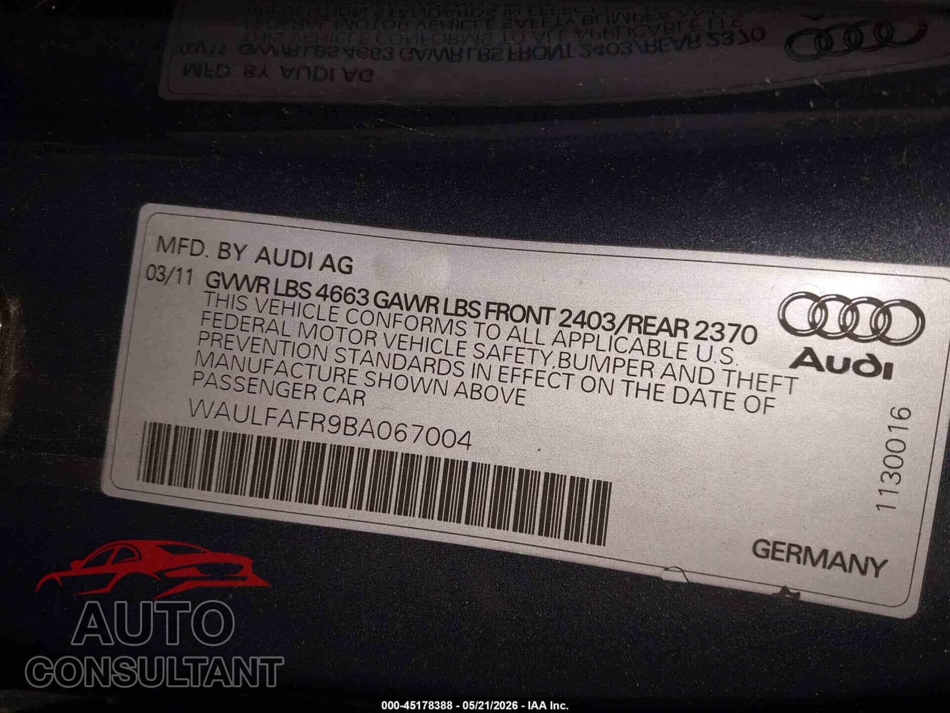 AUDI A5 2011 - WAULFAFR9BA067004