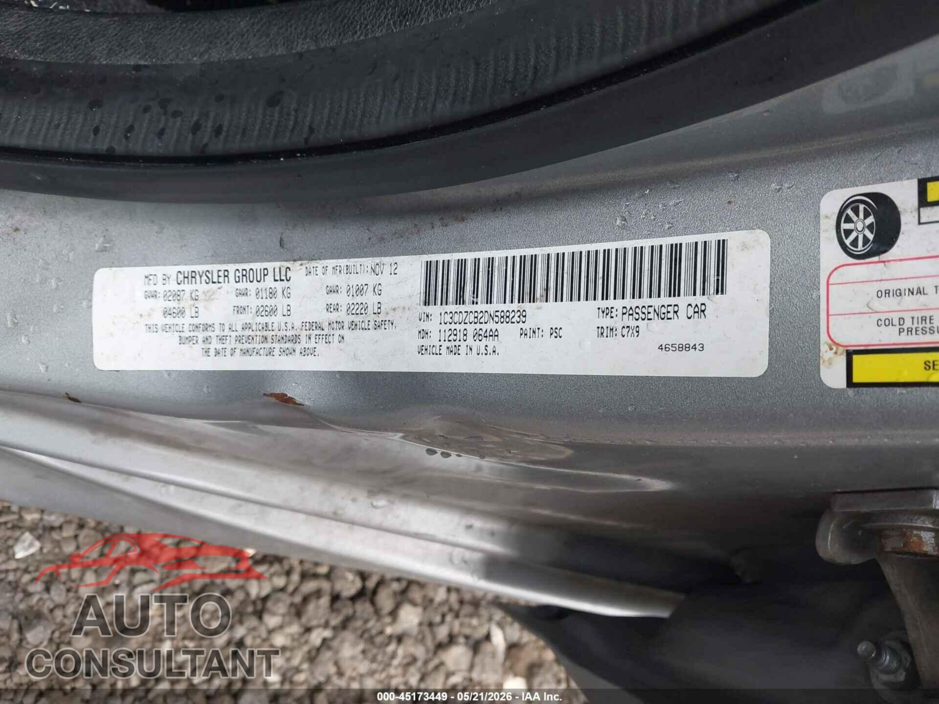 DODGE AVENGER 2013 - 1C3CDZCB2DN588239