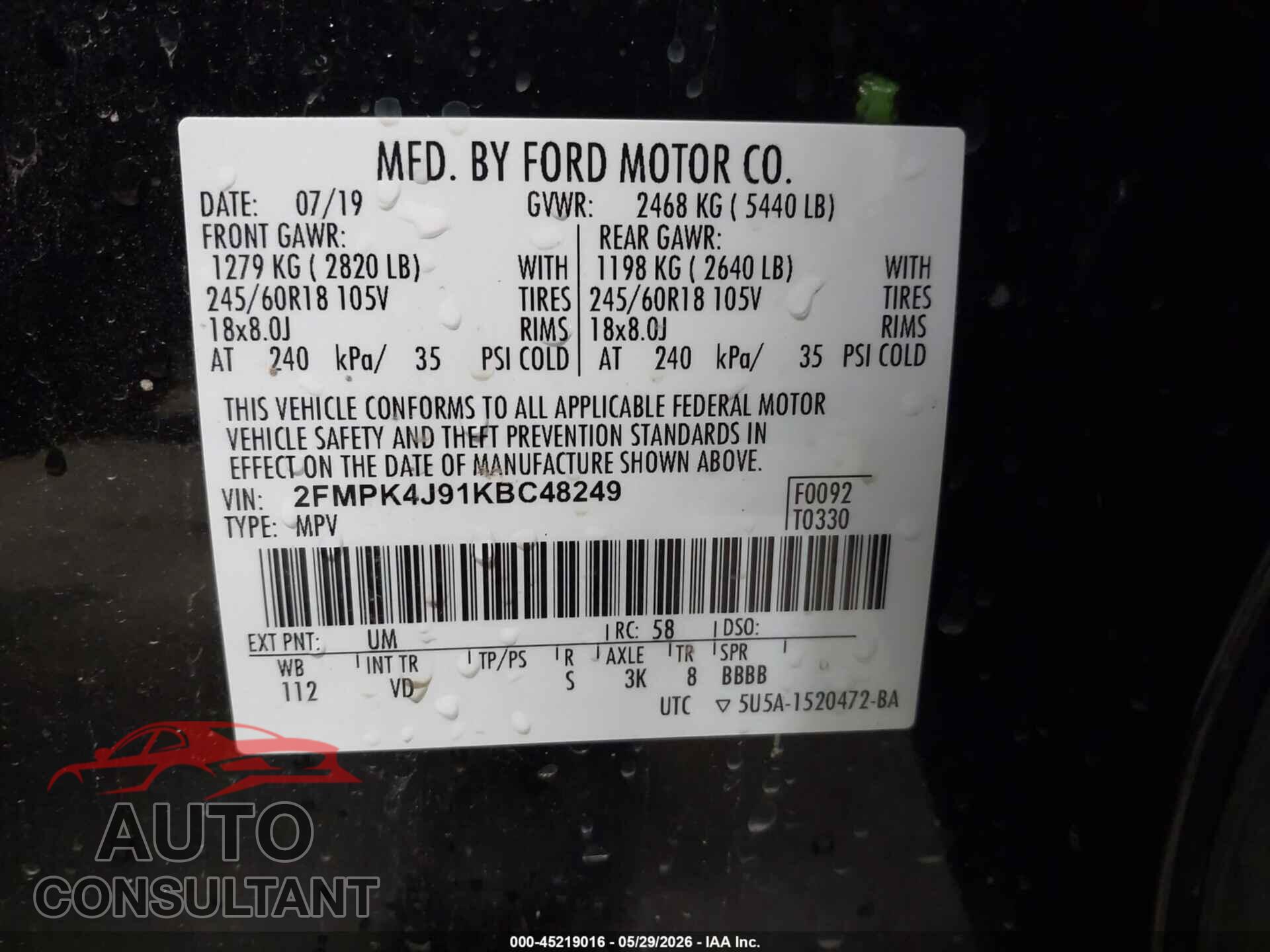 FORD EDGE 2019 - 2FMPK4J91KBC48249