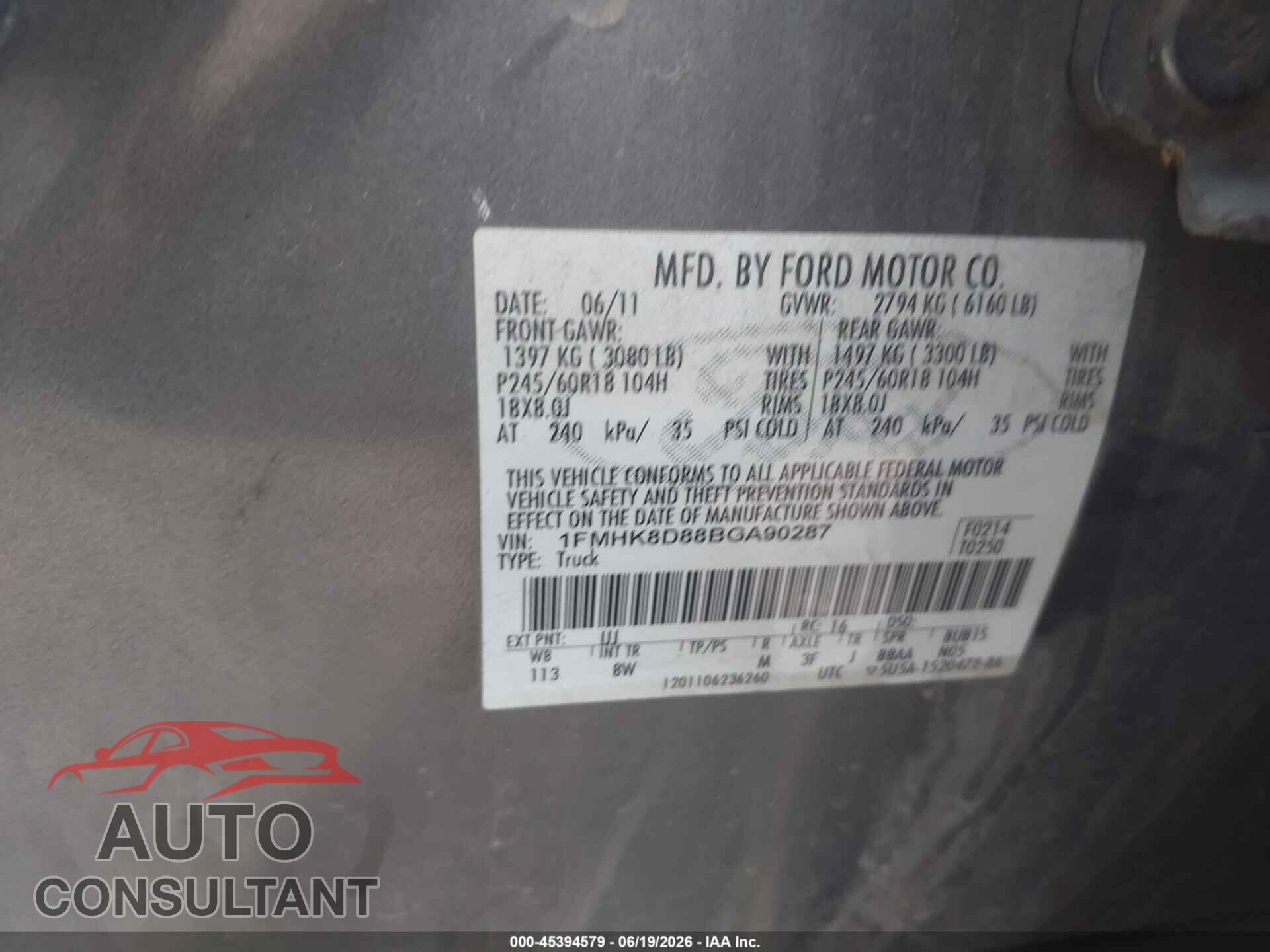 FORD EXPLORER 2011 - 1FMHK8D88BGA90287