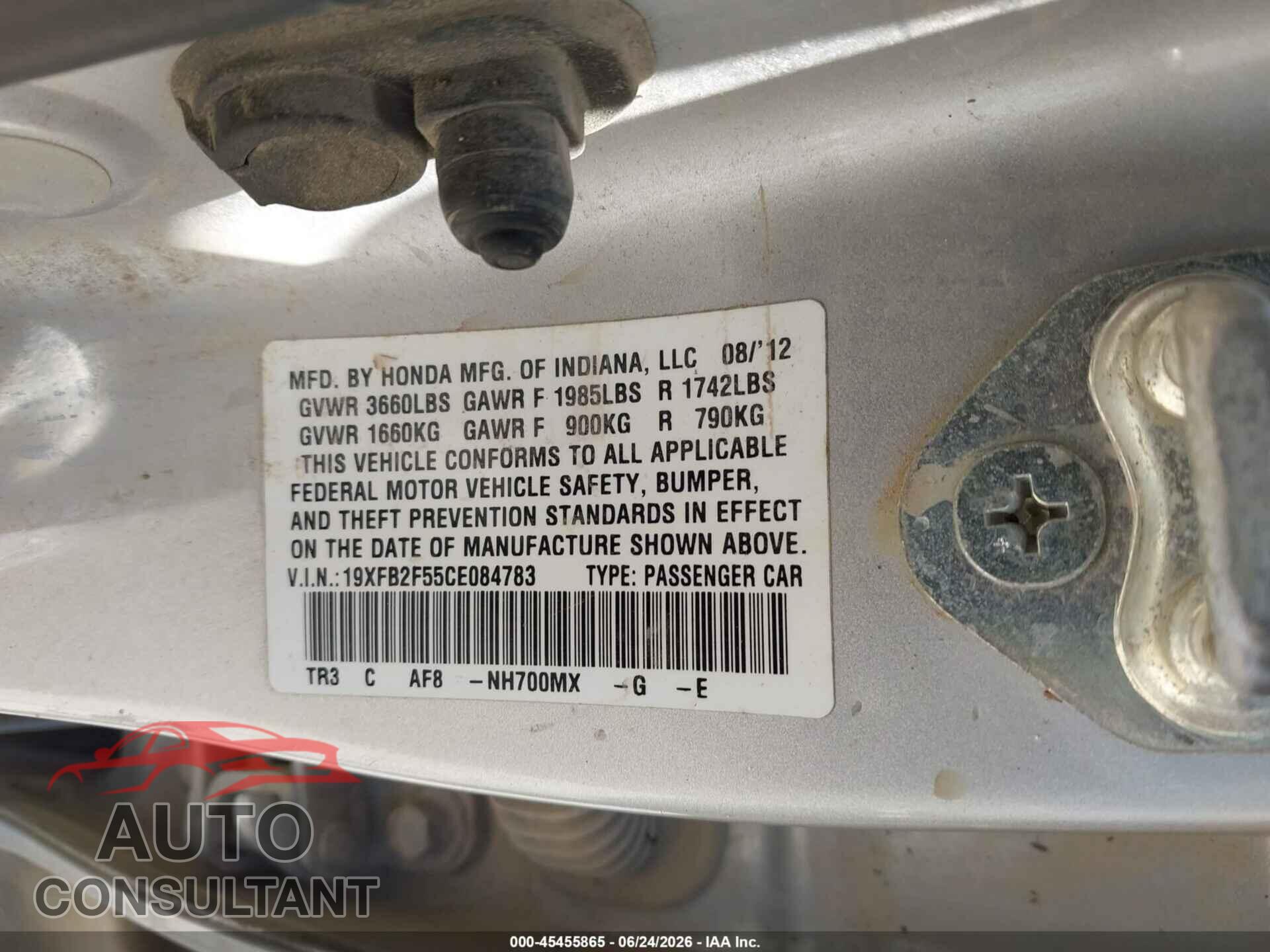 HONDA CIVIC 2012 - 19XFB2F55CE084783