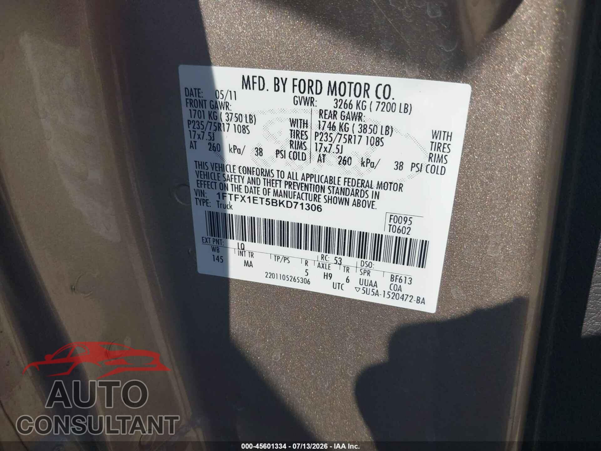 FORD F-150 2011 - 1FTFX1ET5BKD71306