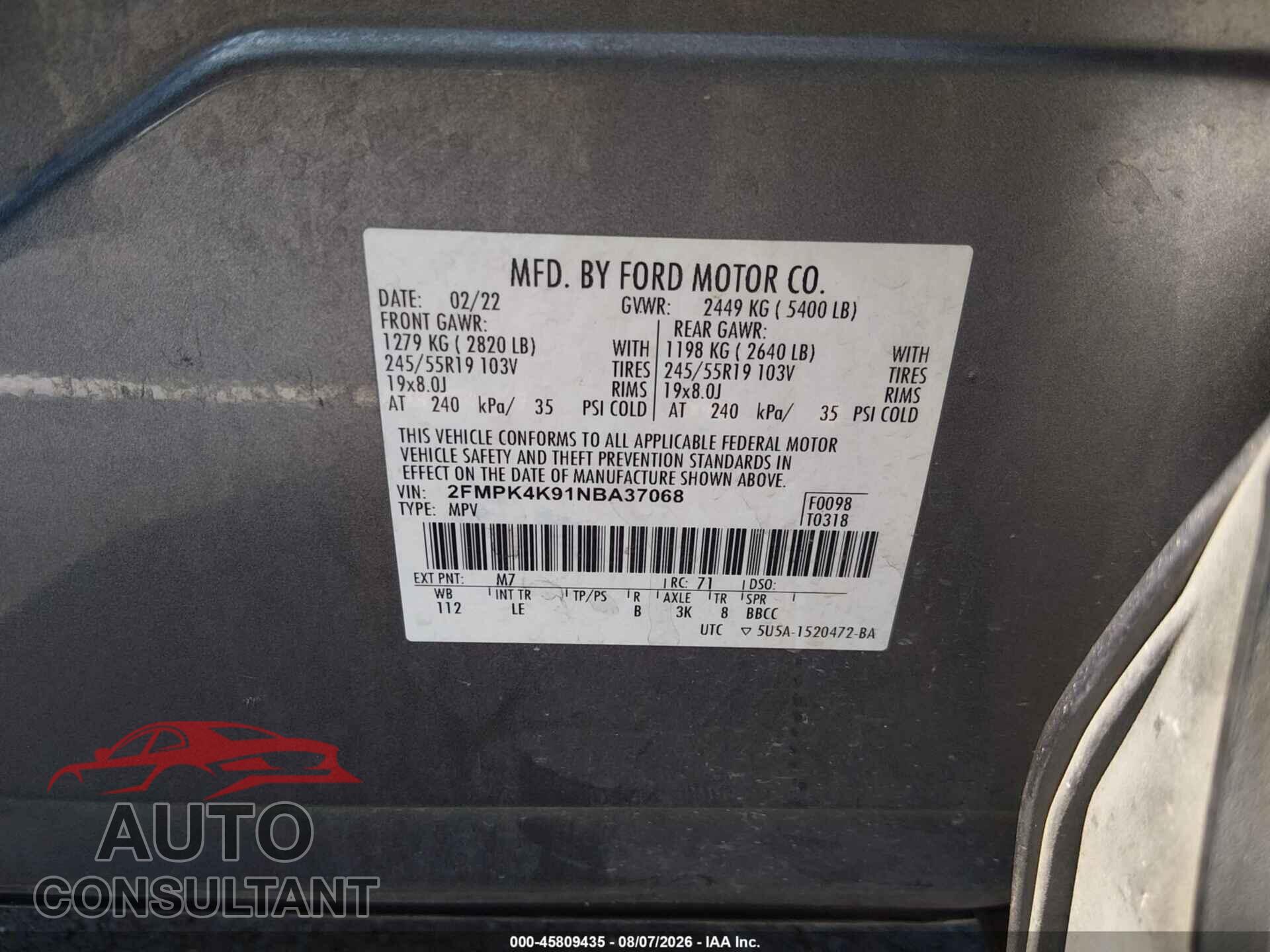 FORD EDGE 2022 - 2FMPK4K91NBA37068