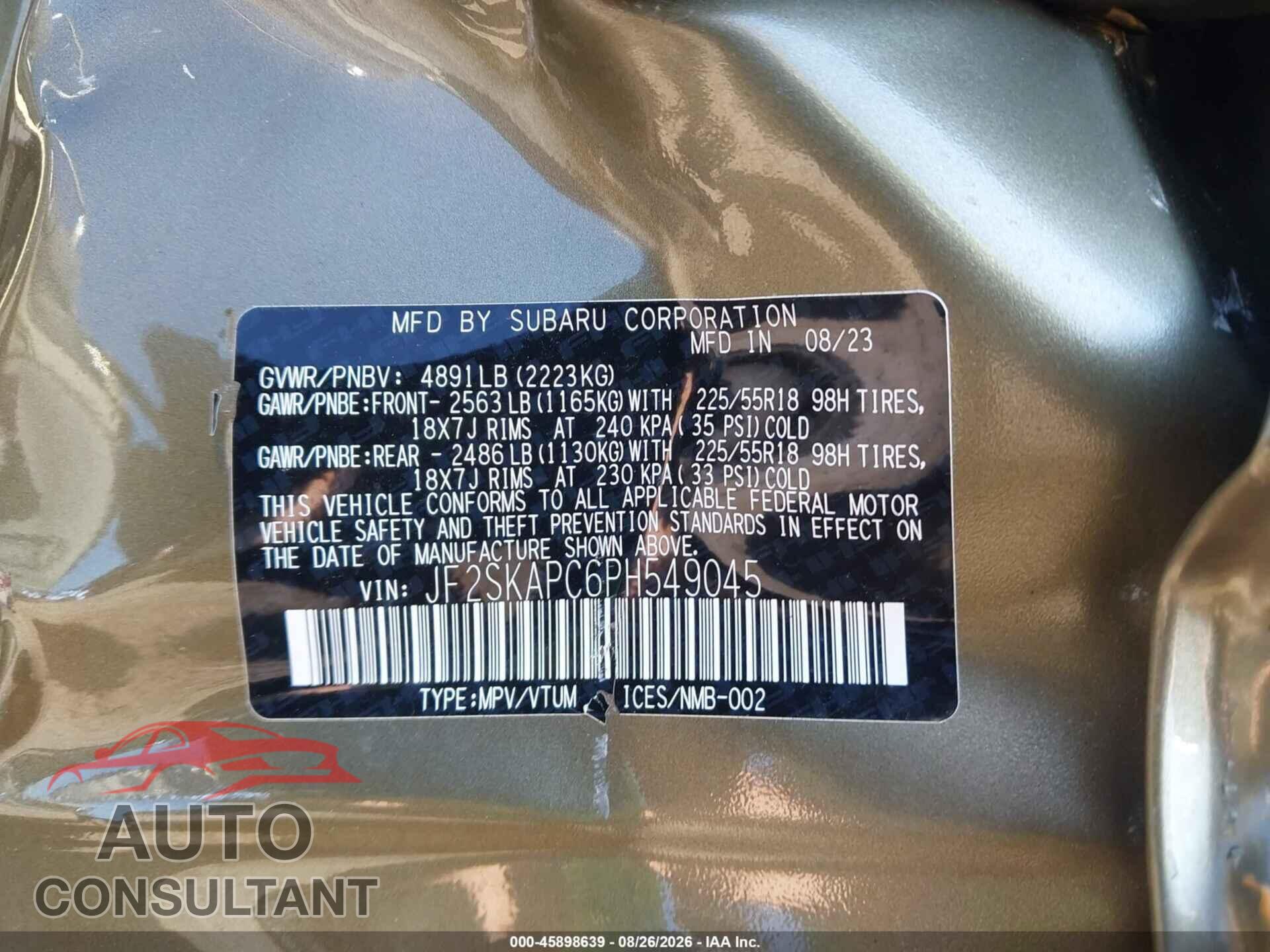 SUBARU FORESTER 2023 - JF2SKAPC6PH549045