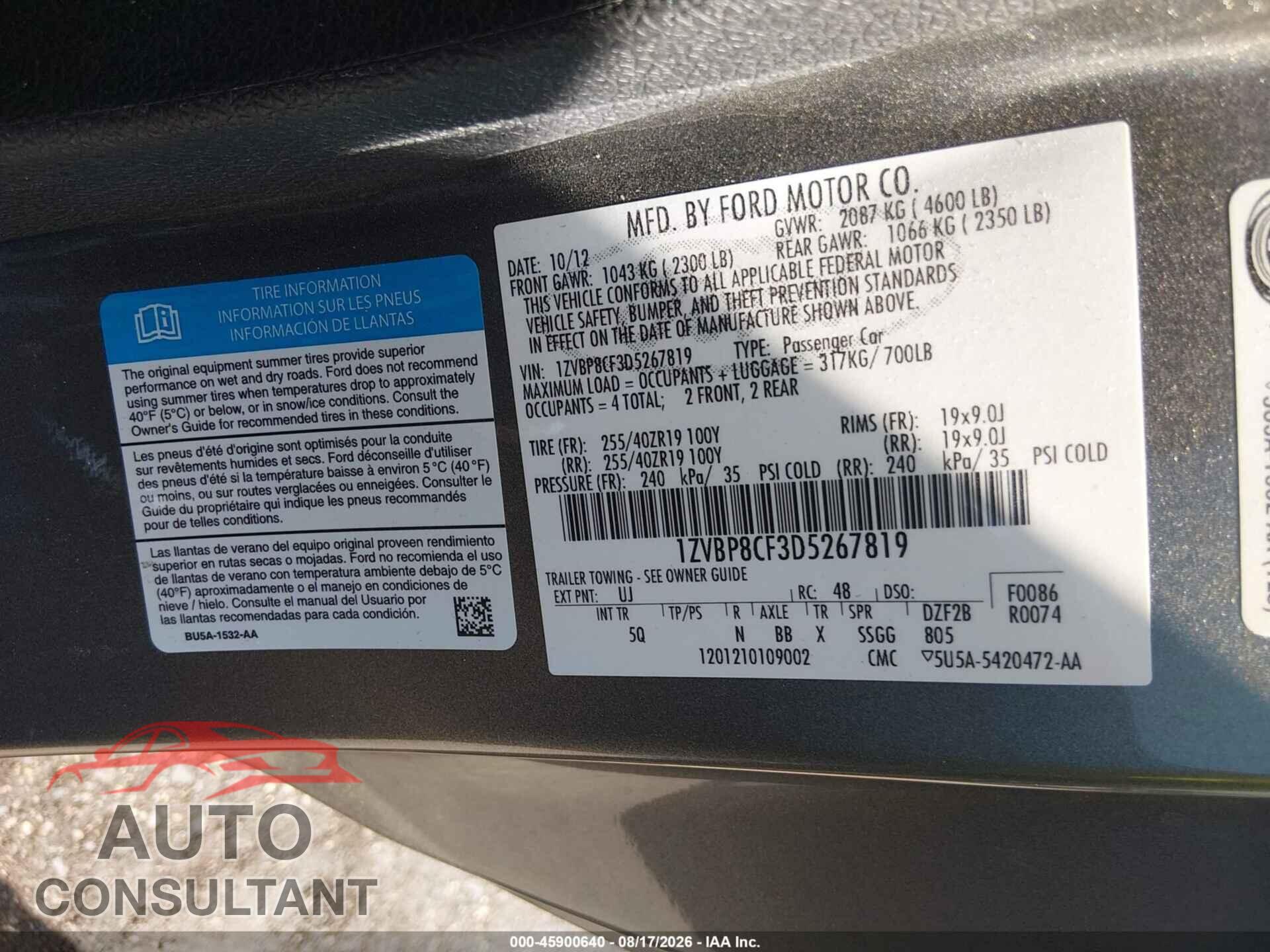 FORD MUSTANG 2013 - 1ZVBP8CF3D5267819