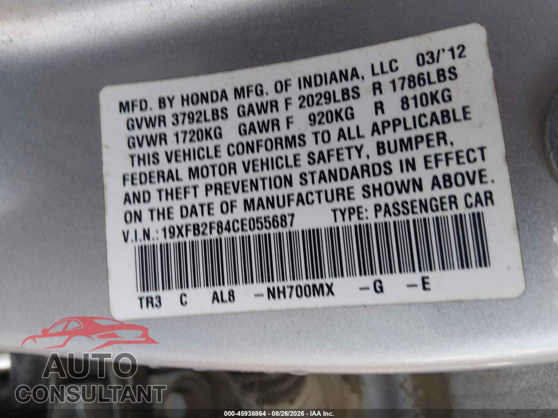HONDA CIVIC 2012 - 19XFB2F84CE055687