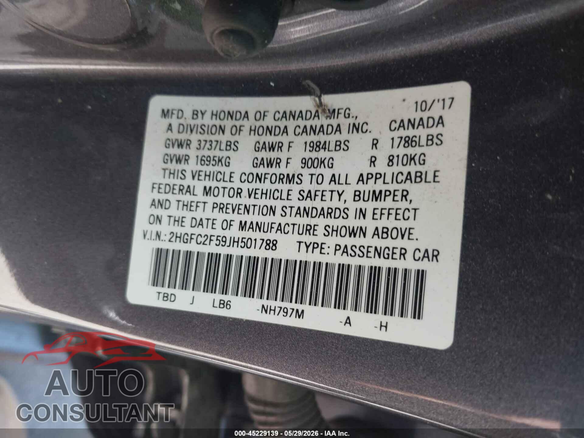 HONDA CIVIC 2018 - 2HGFC2F59JH501788