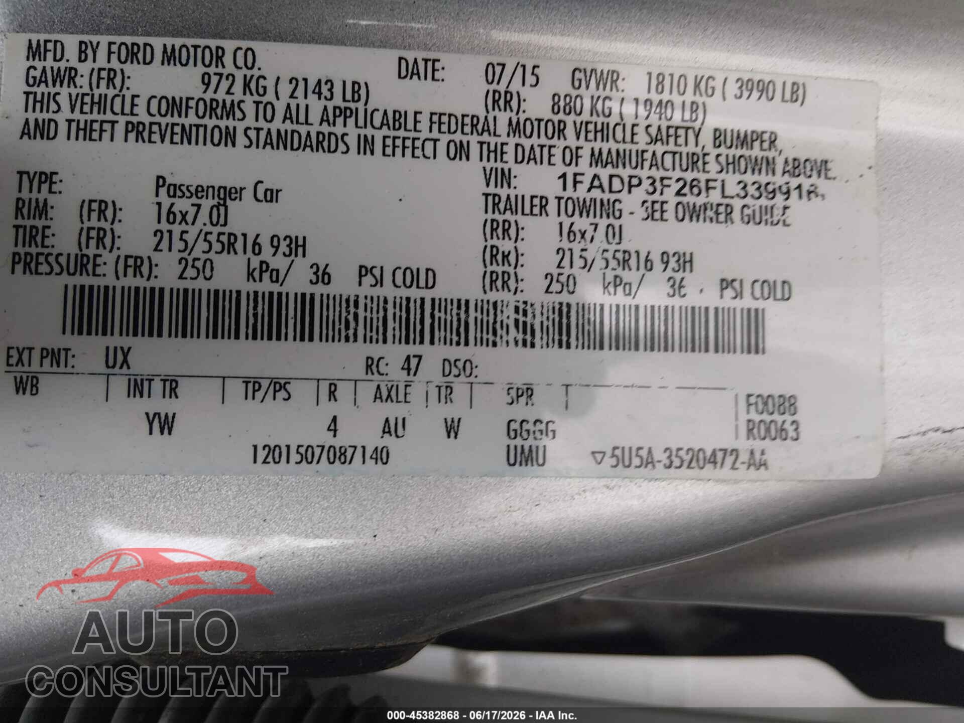 FORD FOCUS 2015 - 1FADP3F26FL339916