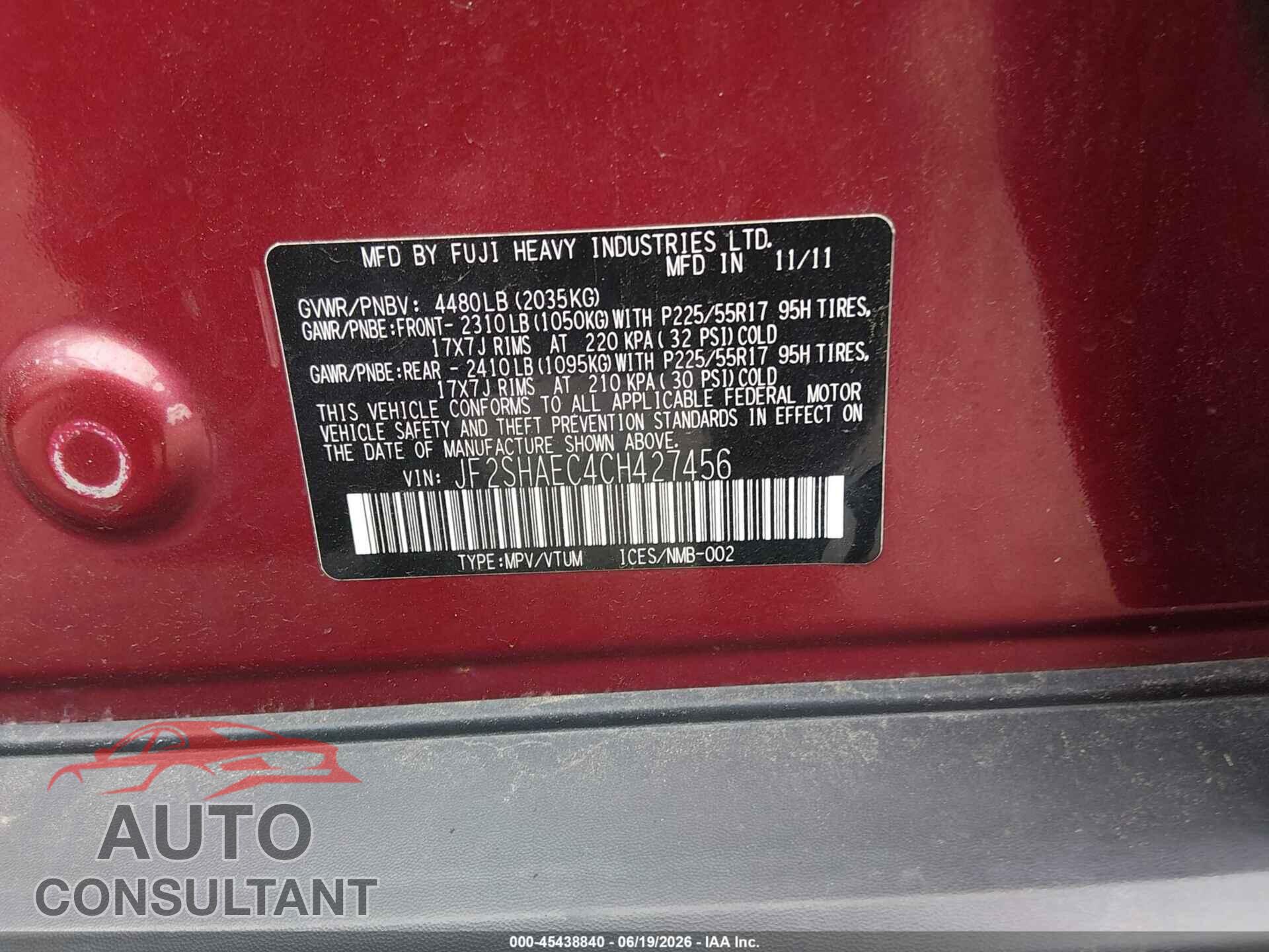 SUBARU FORESTER 2012 - JF2SHAEC4CH427456