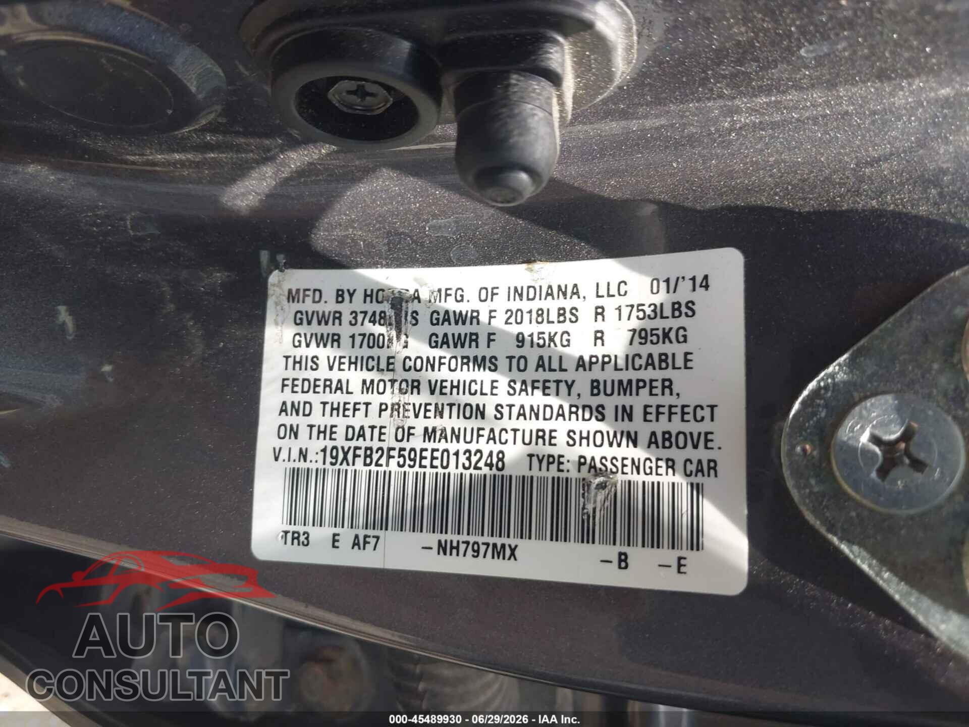 HONDA CIVIC 2014 - 19XFB2F59EE013248