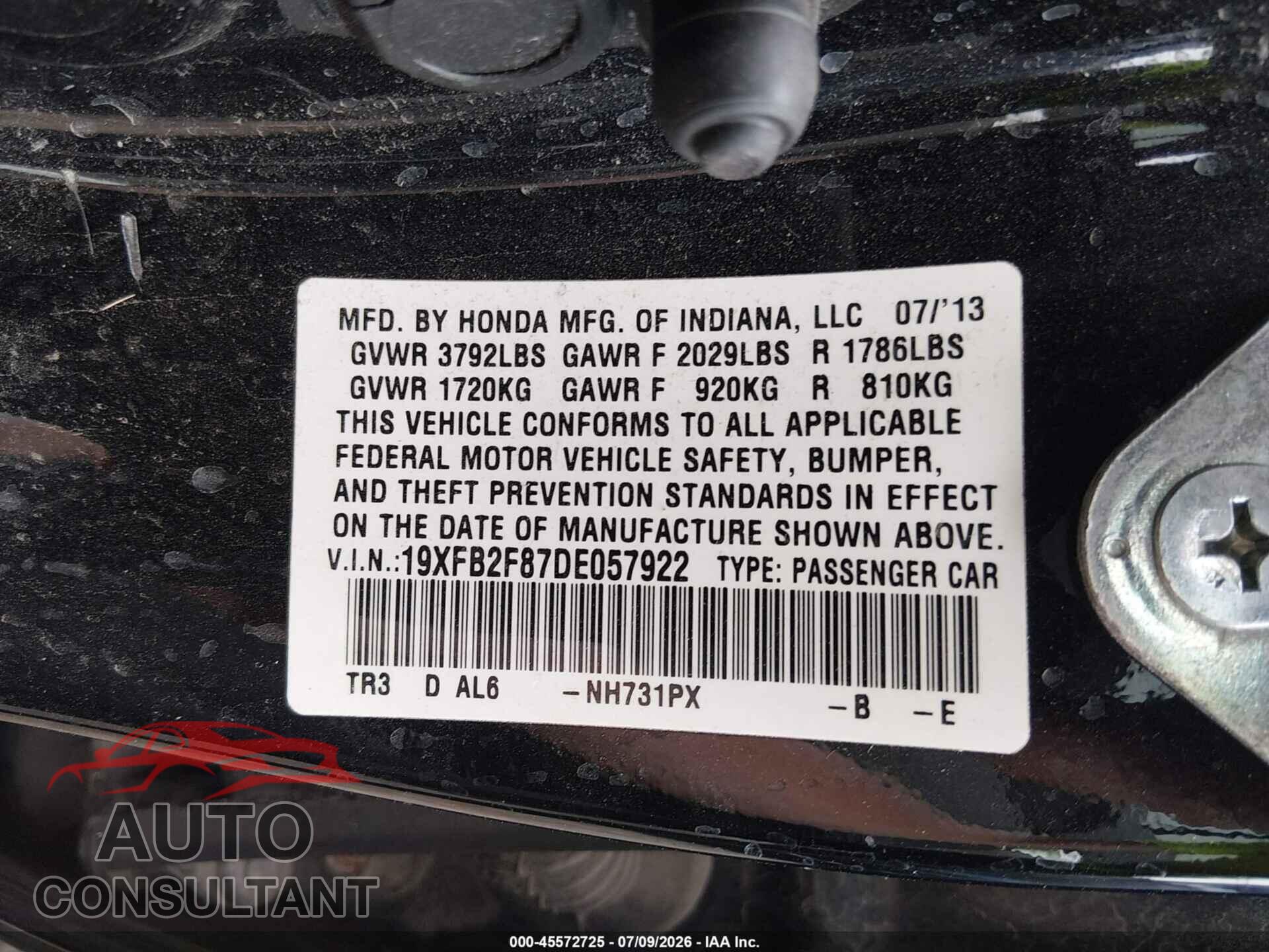 HONDA CIVIC 2013 - 19XFB2F87DE057922