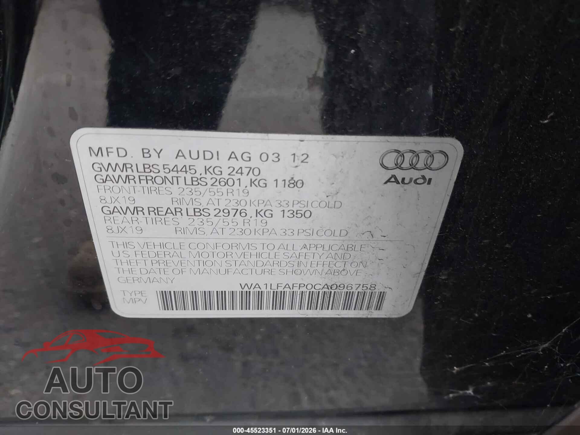 AUDI Q5 2012 - WA1LFAFP0CA096758