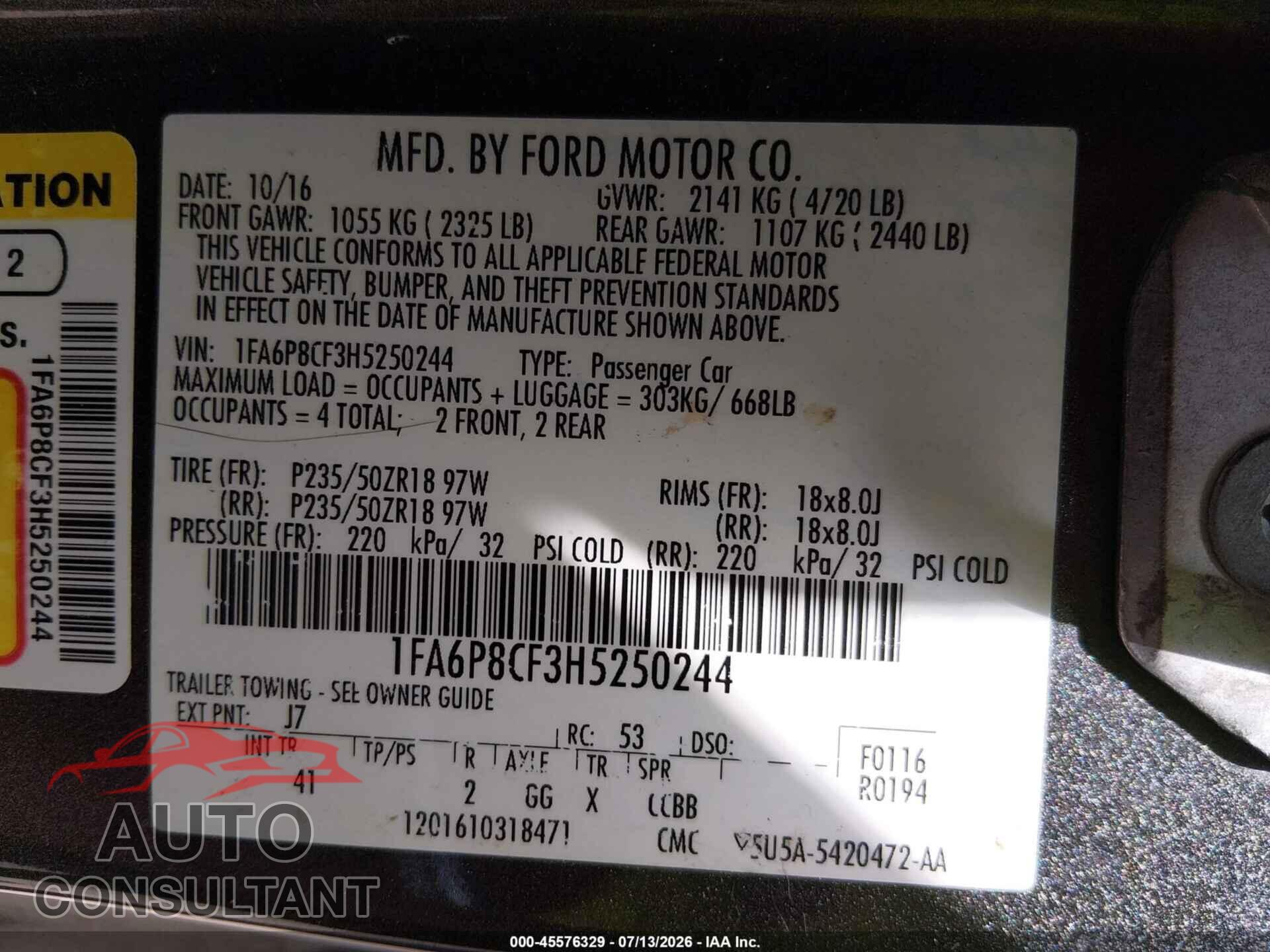 FORD MUSTANG 2017 - 1FA6P8CF3H5250244