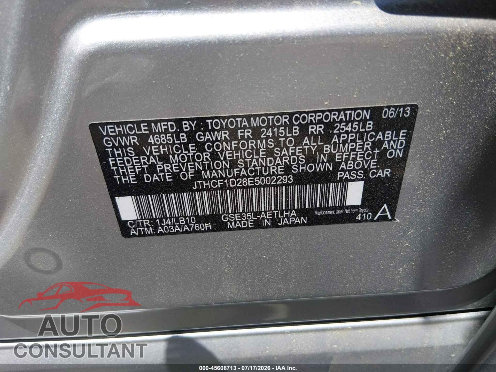 LEXUS IS 250 2014 - JTHCF1D28E5002293