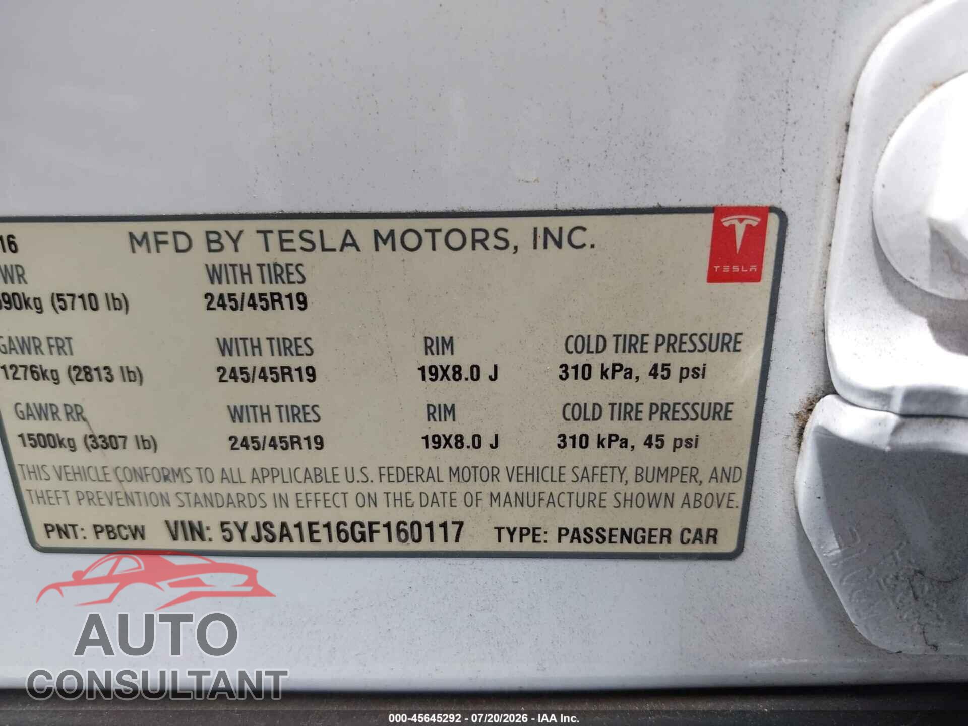 TESLA MODEL S 2016 - 5YJSA1E16GF160117