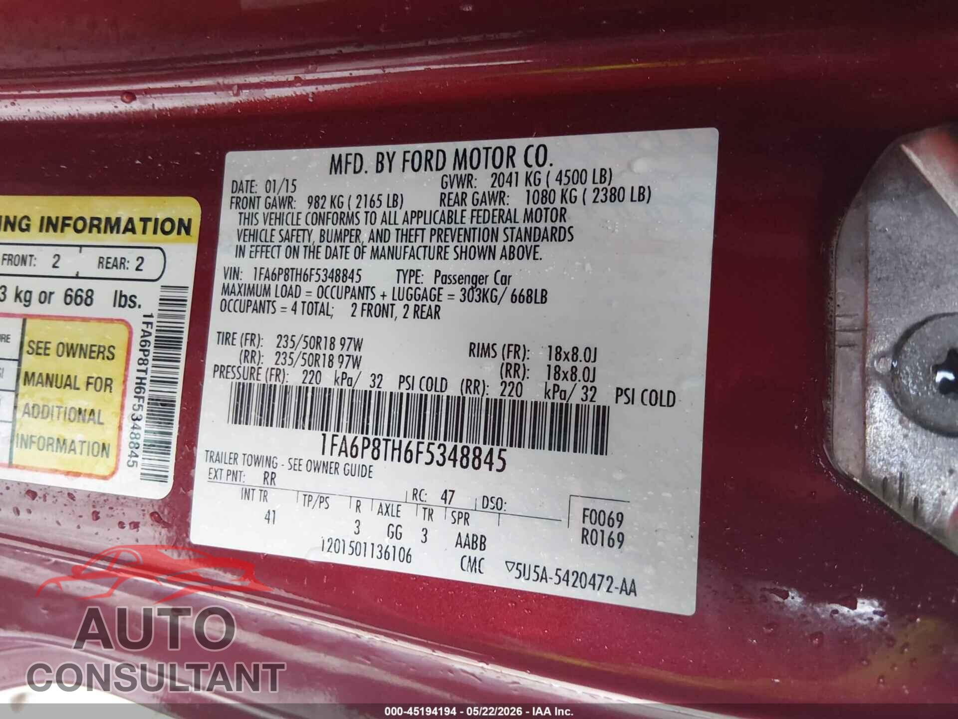 FORD MUSTANG 2015 - 1FA6P8TH6F5348845
