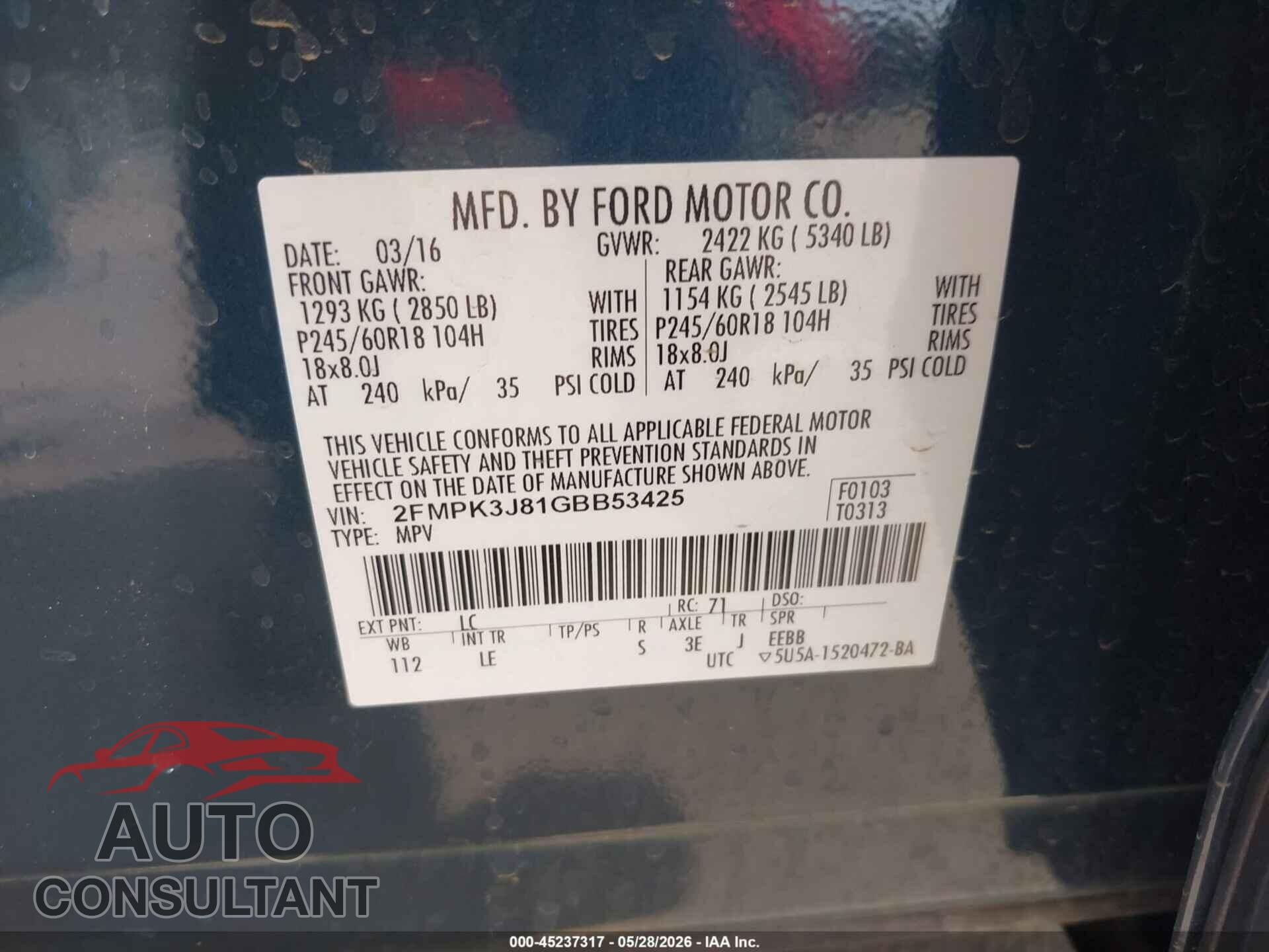 FORD EDGE 2016 - 2FMPK3J81GBB53425