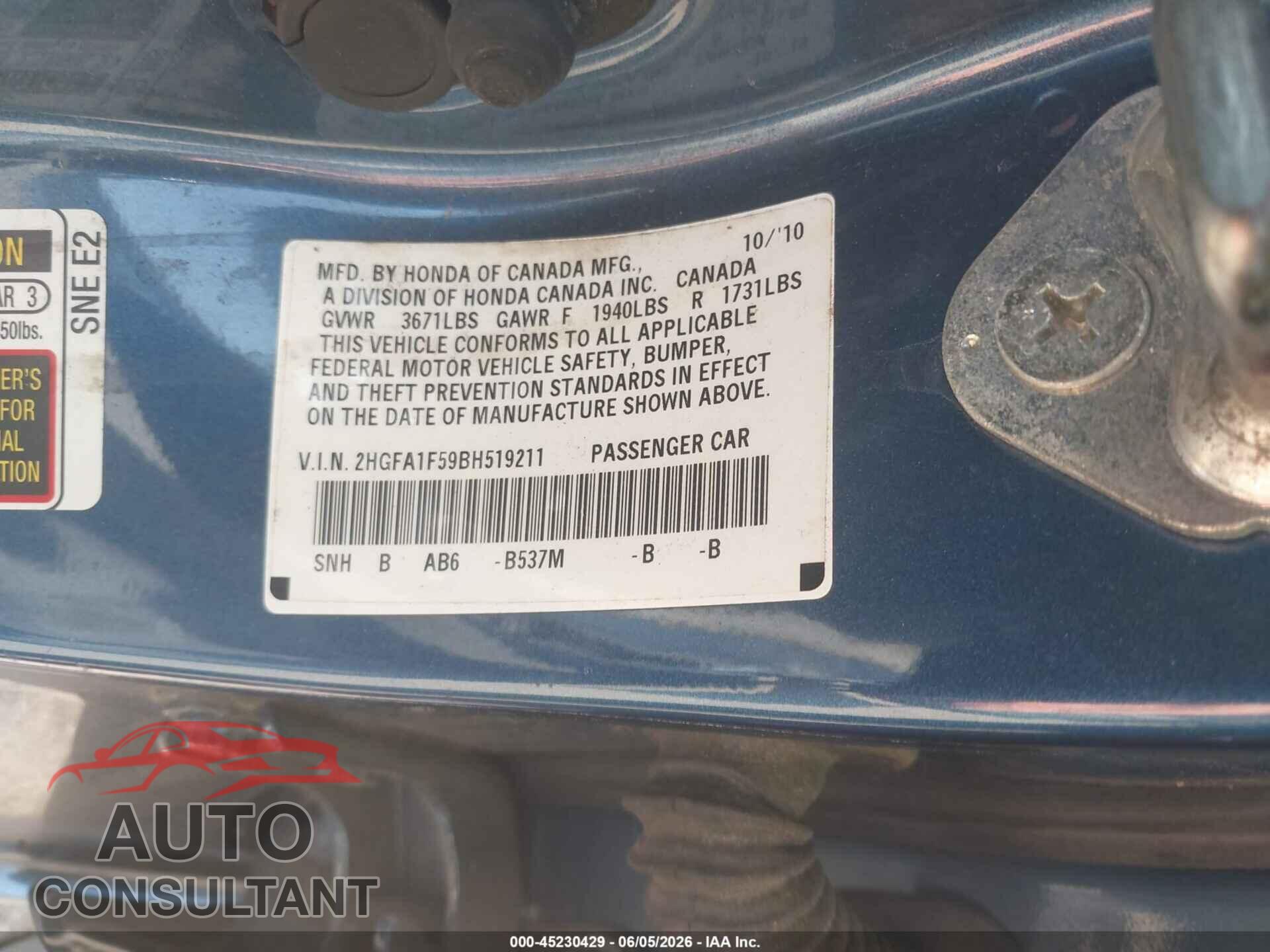 HONDA CIVIC 2011 - 2HGFA1F59BH519211
