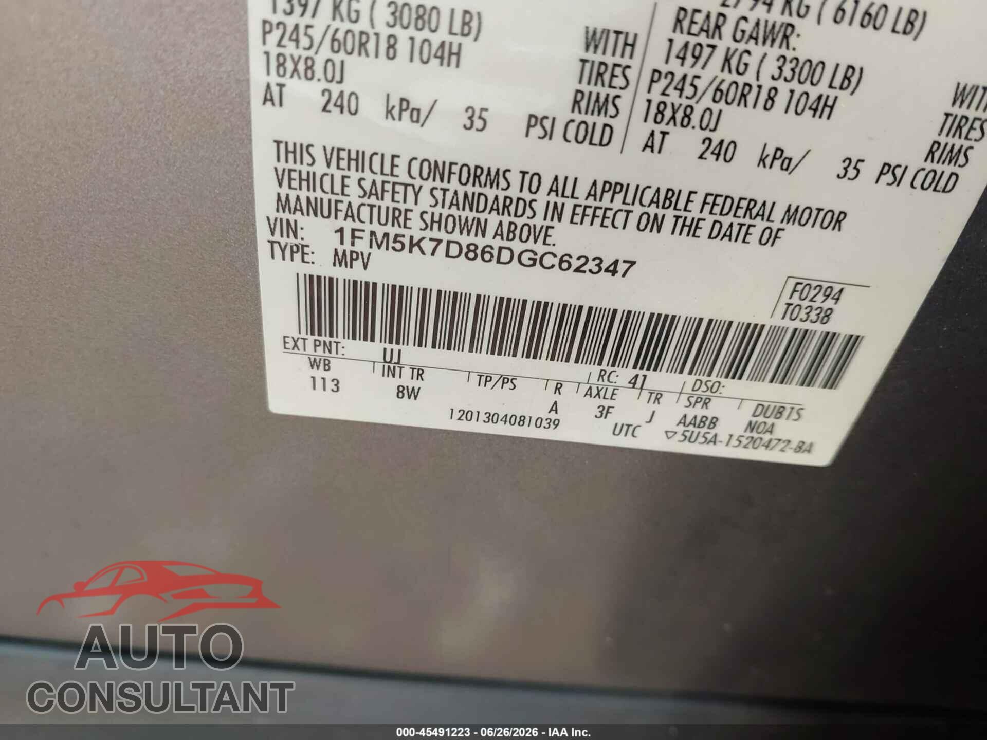 FORD EXPLORER 2013 - 1FM5K7D86DGC62347