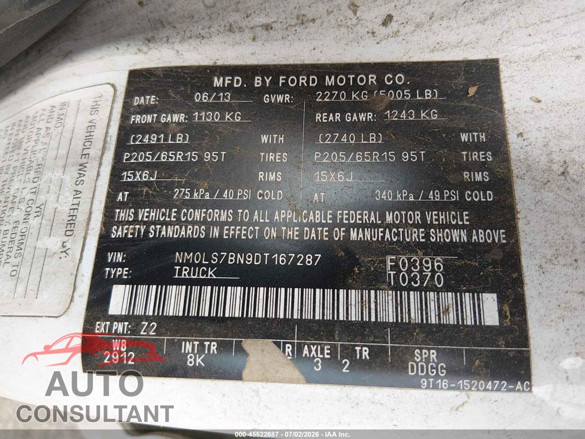 FORD TRANSIT CONNECT 2013 - NM0LS7BN9DT167287