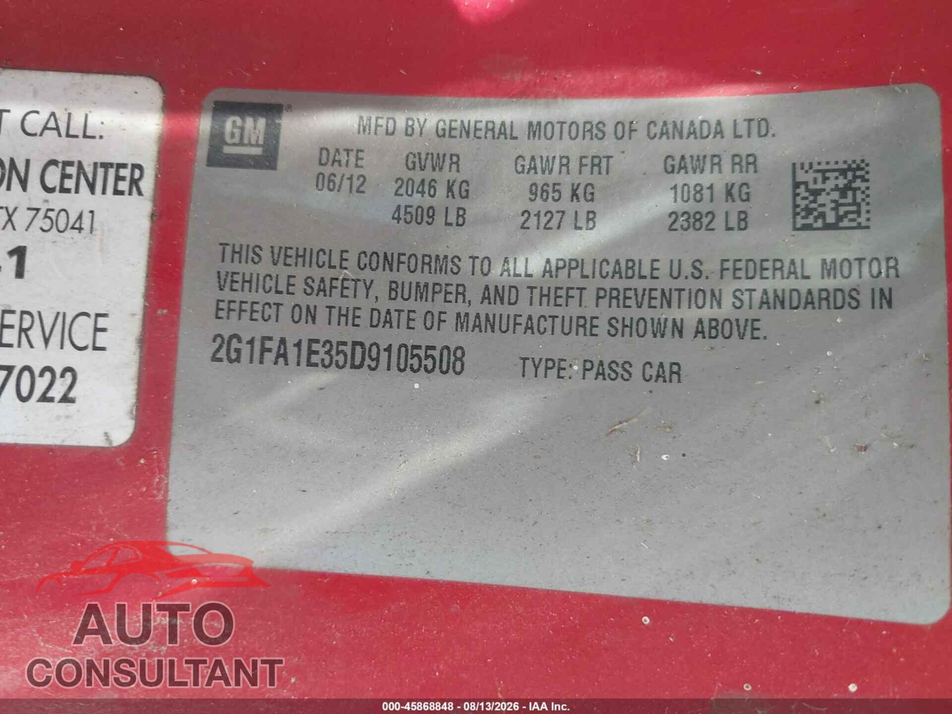 CHEVROLET CAMARO 2013 - 2G1FA1E35D9105508