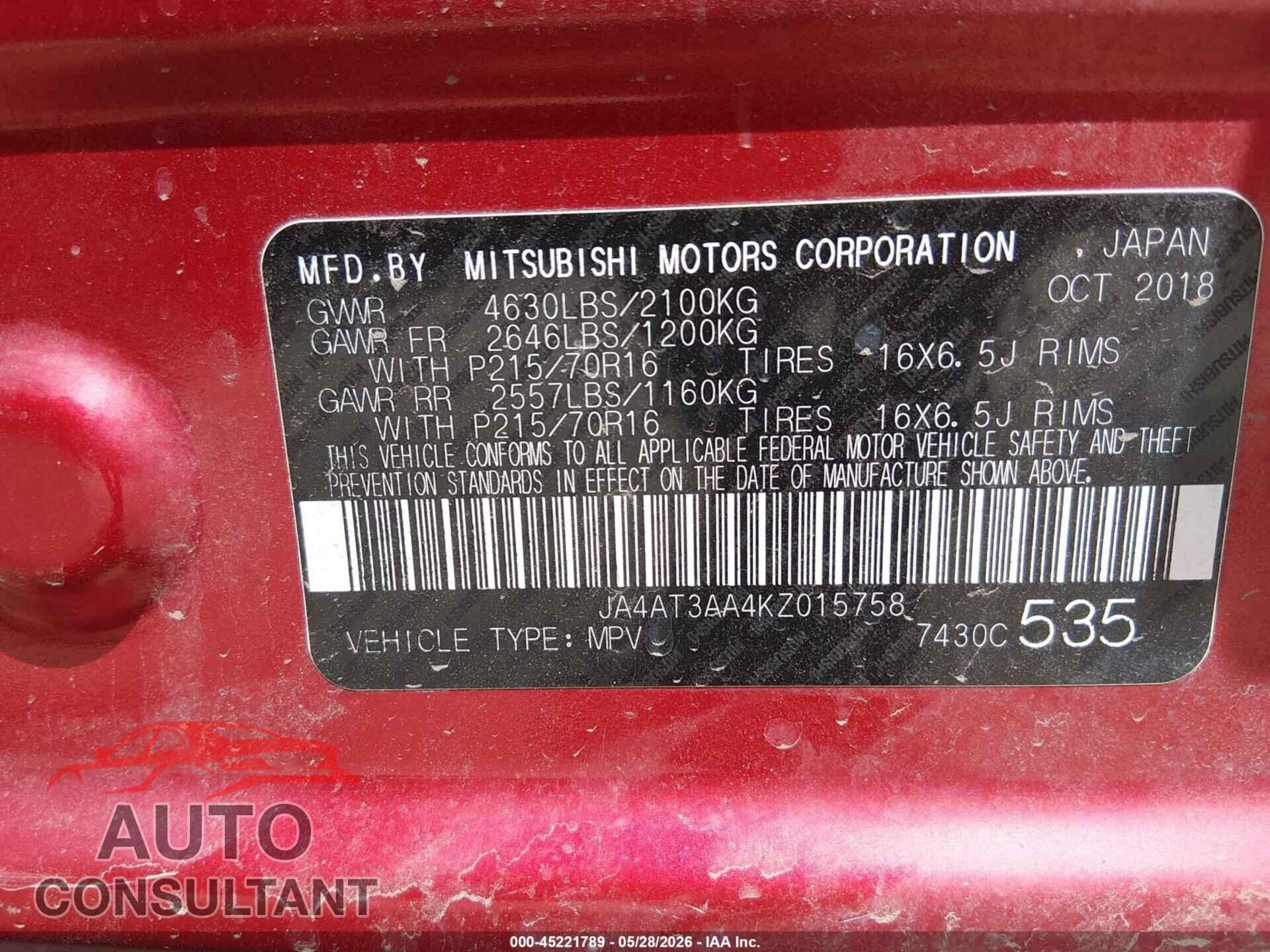 MITSUBISHI ECLIPSE CROSS 2019 - JA4AT3AA4KZ015758