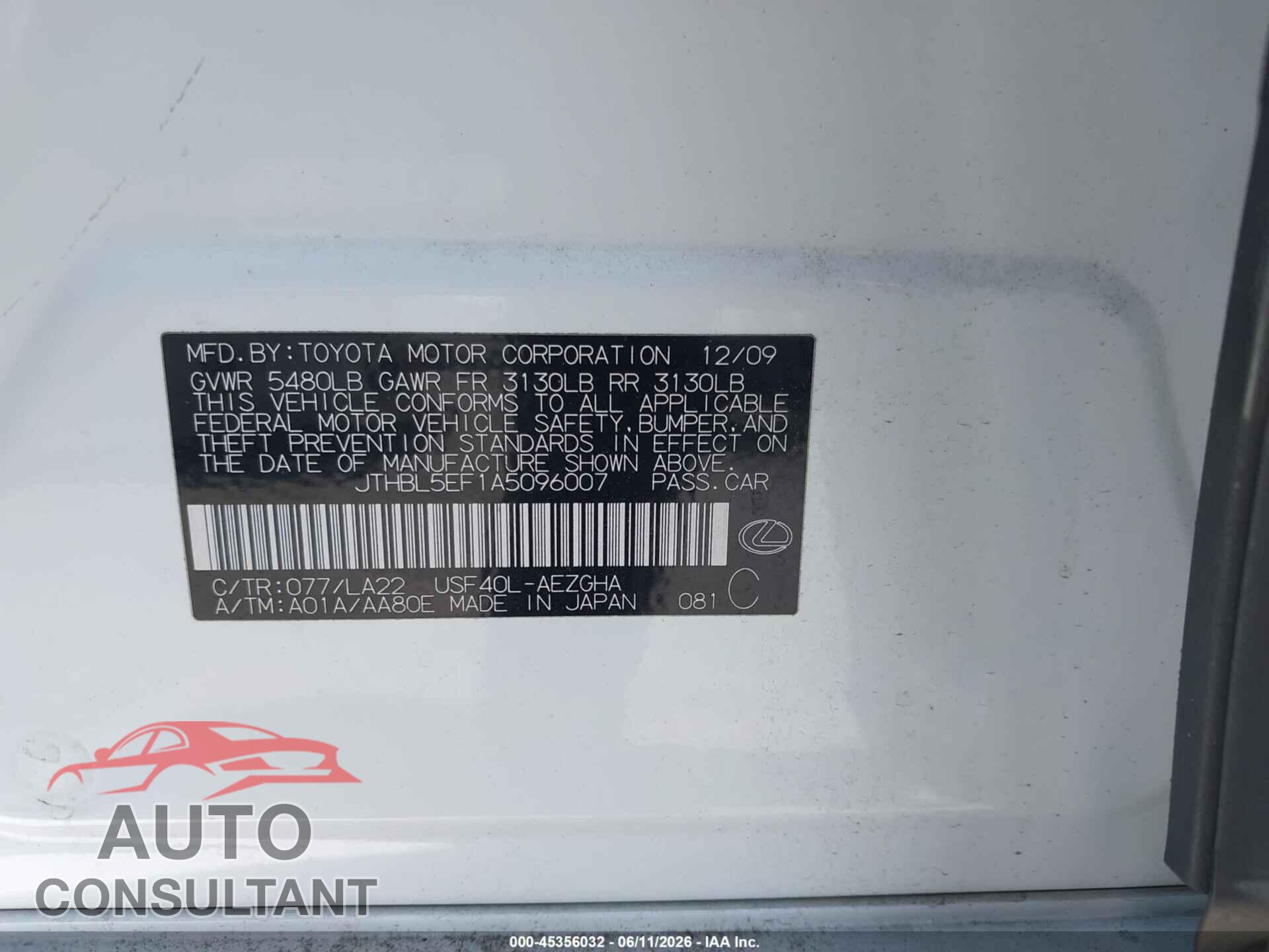 LEXUS LS 460 2010 - JTHBL5EF1A5096007