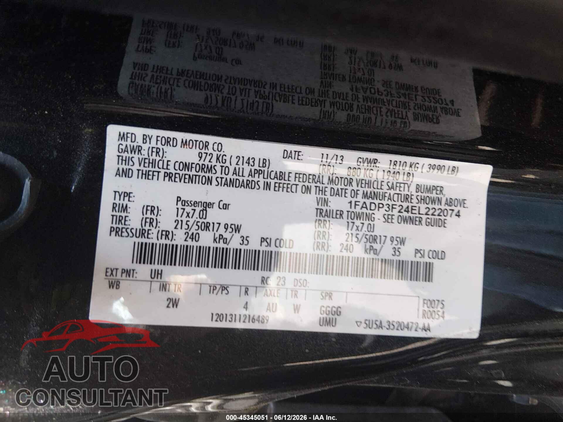 FORD FOCUS 2014 - 1FADP3F24EL222074