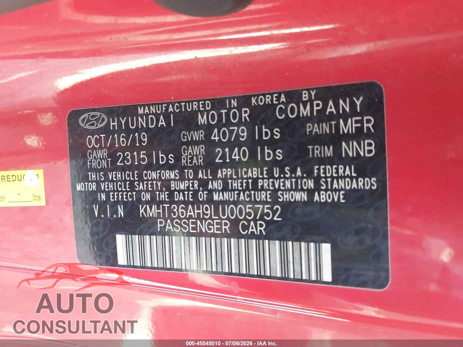 HYUNDAI VELOSTER N 2020 - KMHT36AH9LU005752