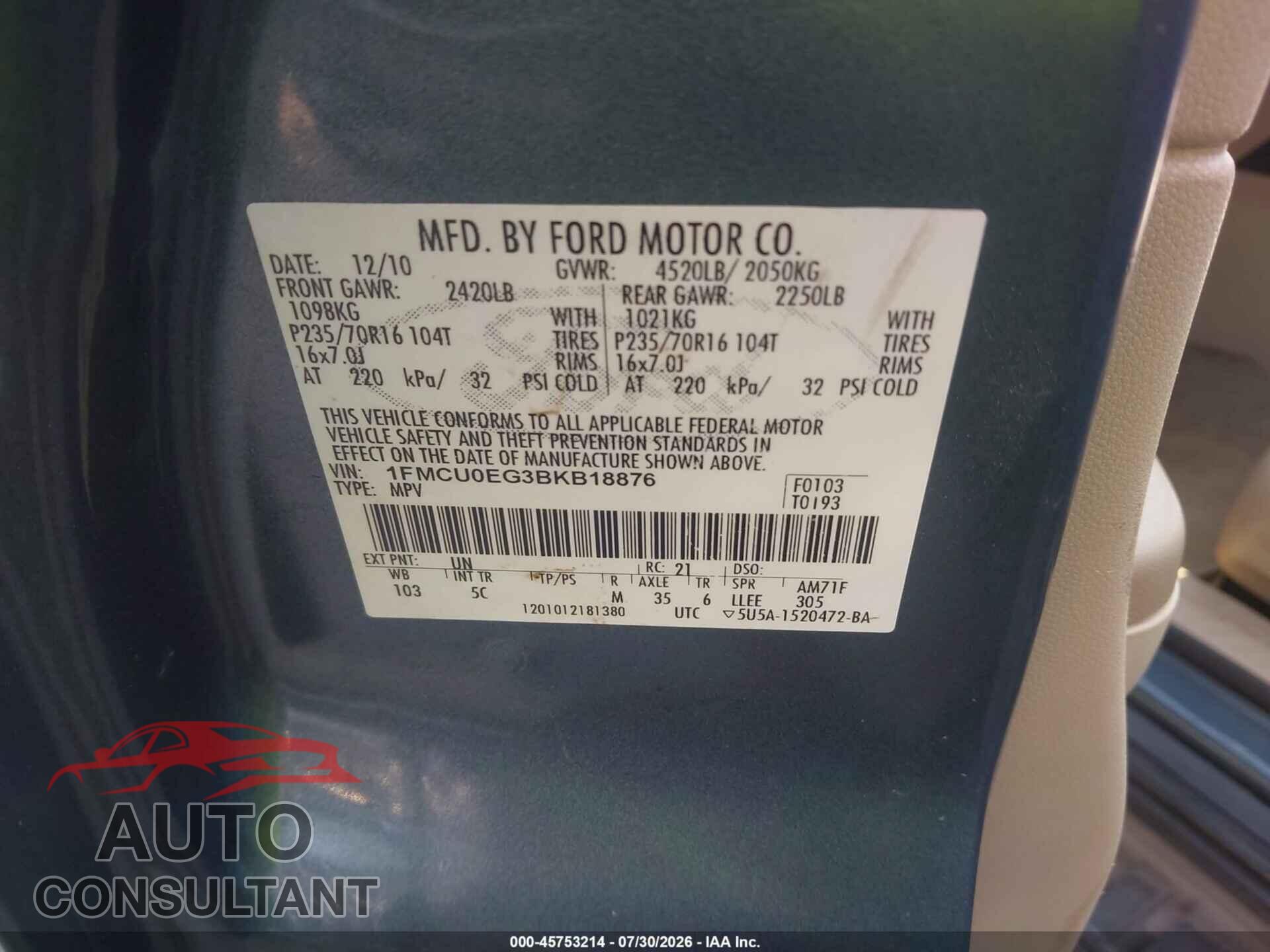FORD ESCAPE 2011 - 1FMCU0EG3BKB18876