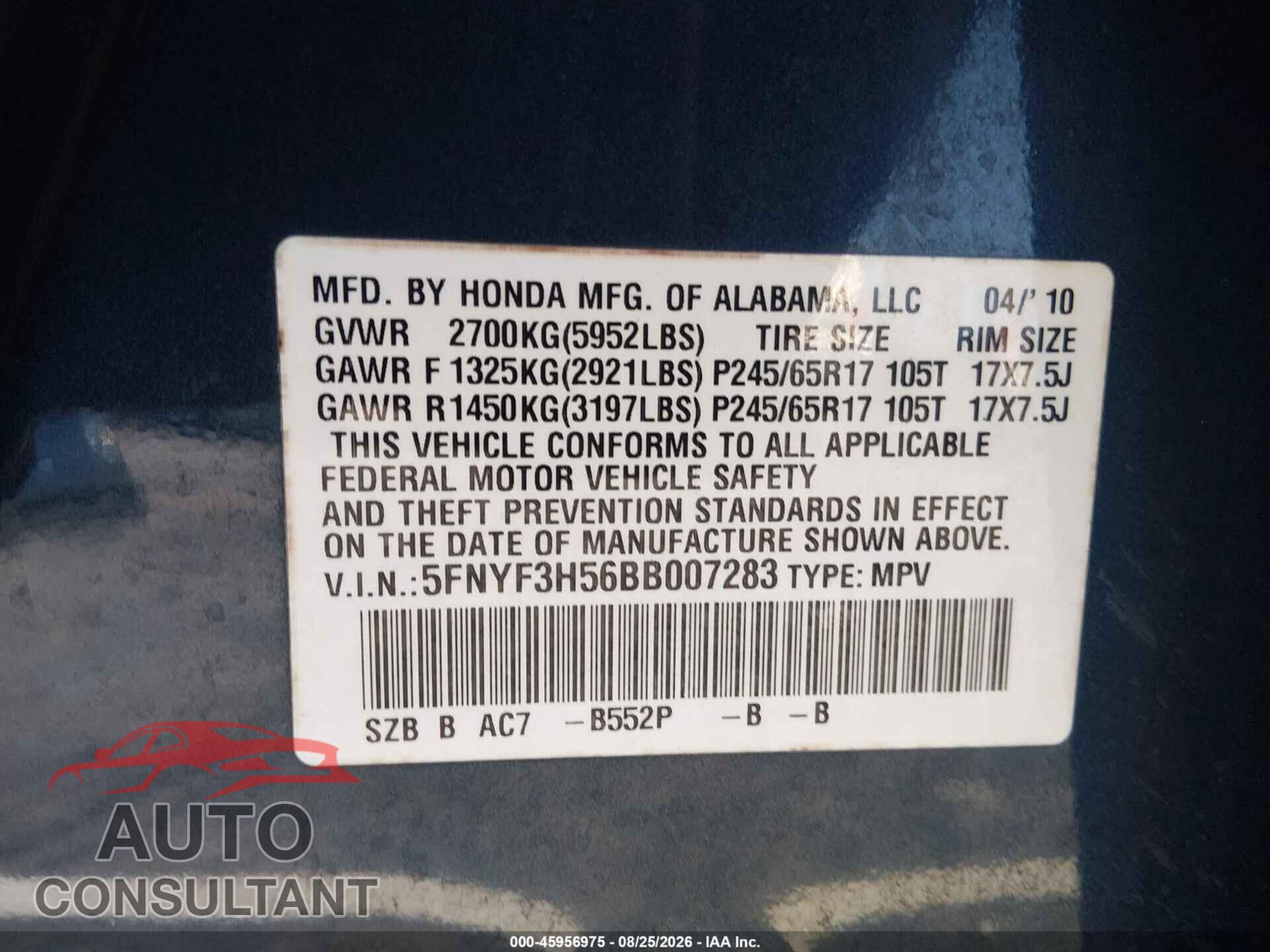 HONDA PILOT 2011 - 5FNYF3H56BB007283