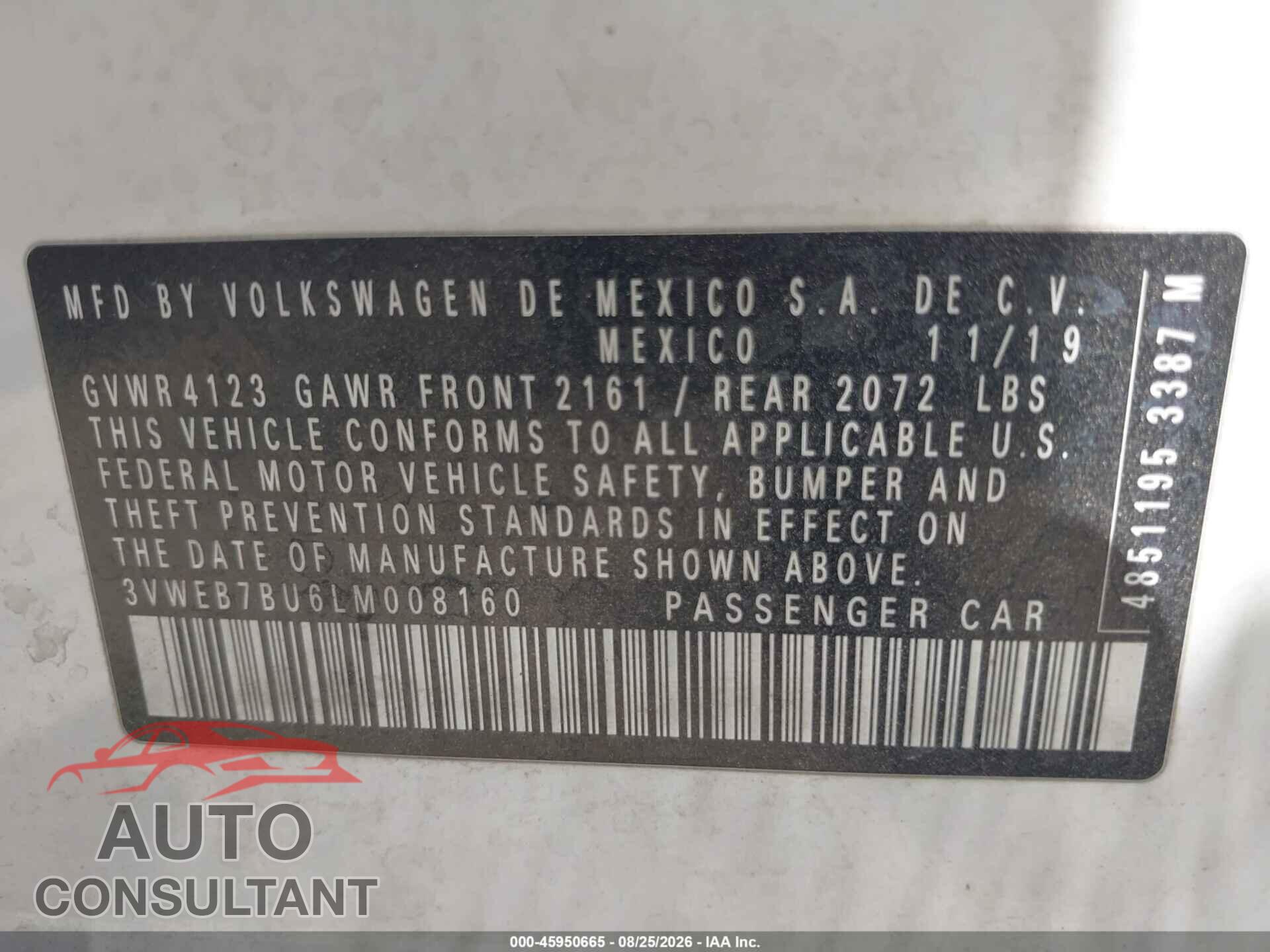 VOLKSWAGEN JETTA 2020 - 3VWEB7BU6LM008160