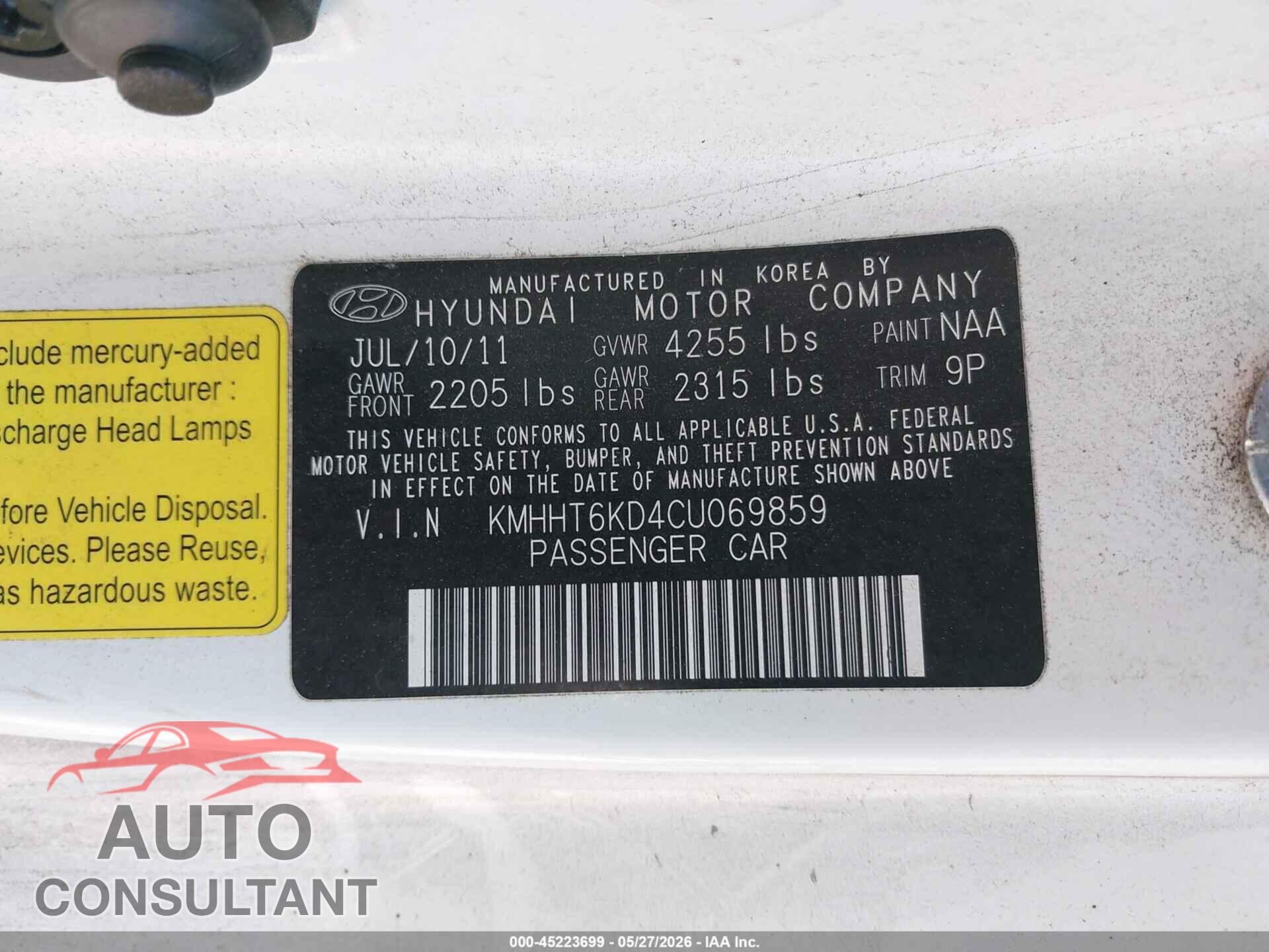 HYUNDAI GENESIS 2012 - KMHHT6KD4CU069859