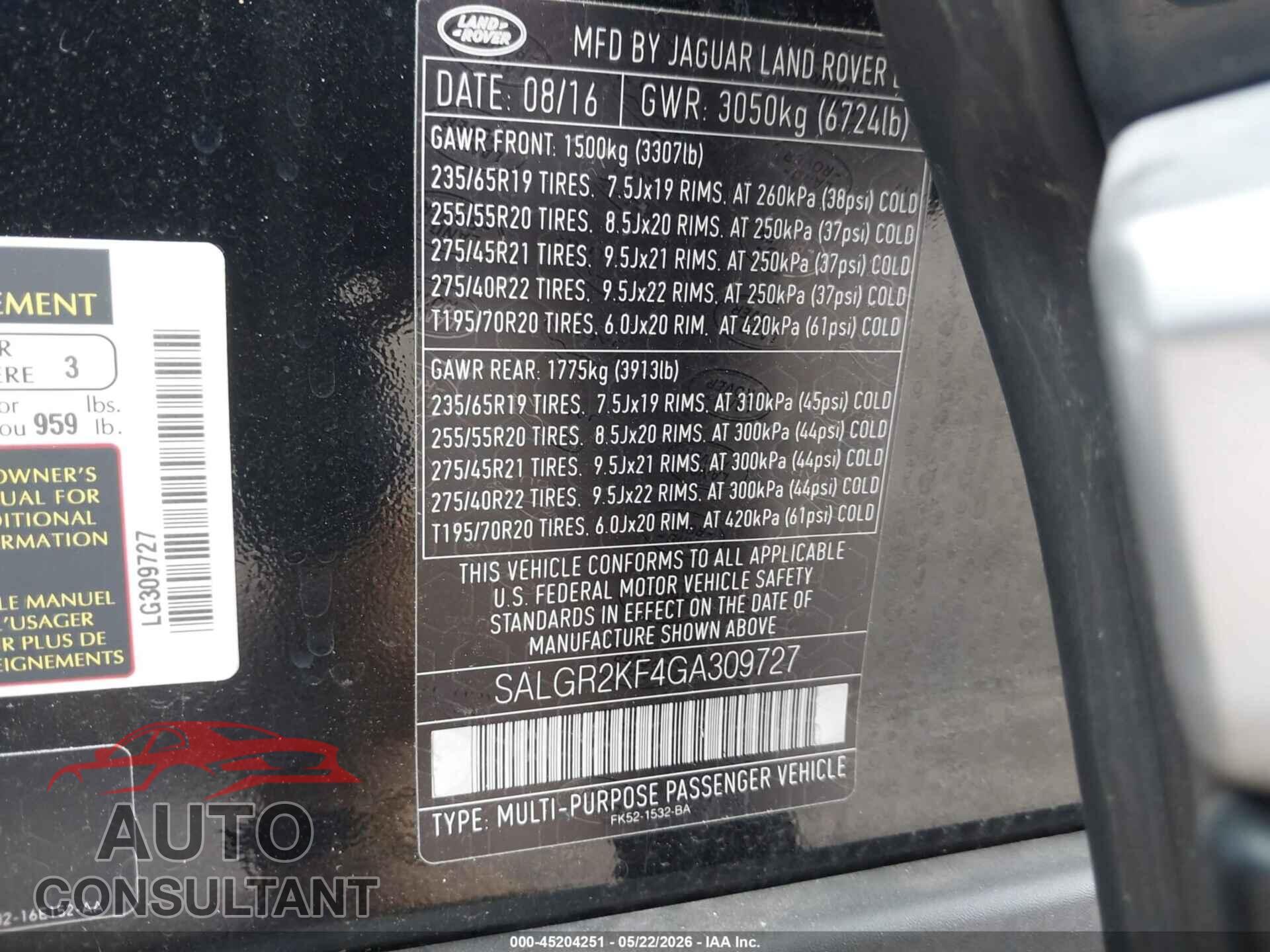 LAND ROVER RANGE ROVER 2016 - SALGR2KF4GA309727