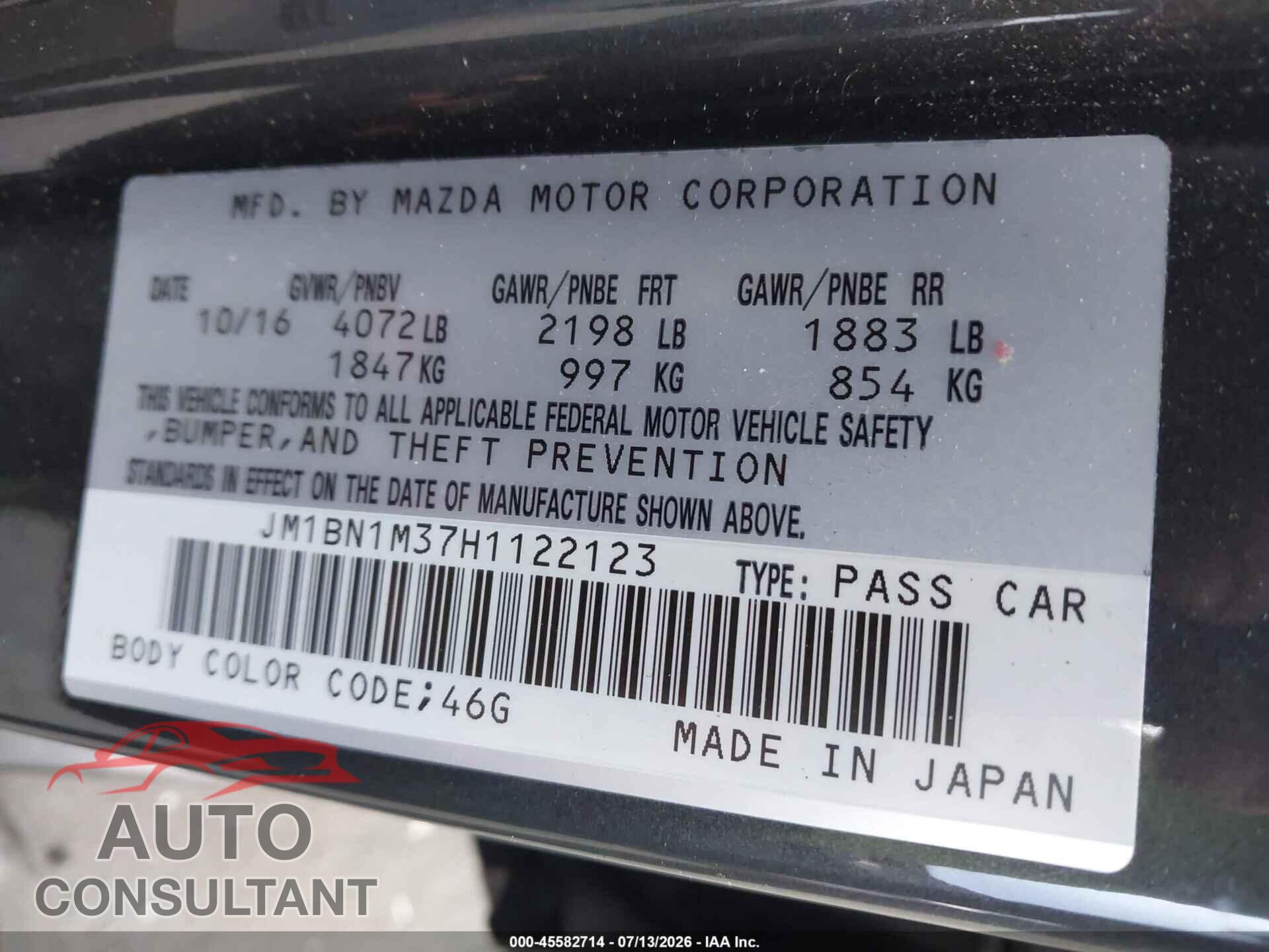 MAZDA MAZDA3 2017 - JM1BN1M37H1122123