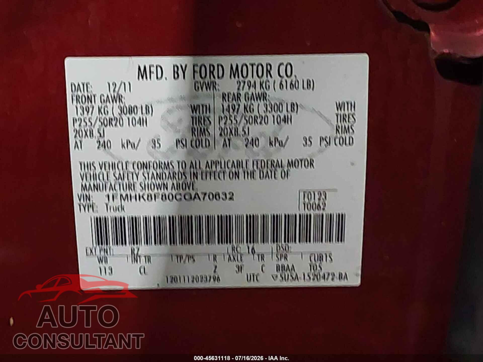 FORD EXPLORER 2012 - 1FMHK8F80CGA70632