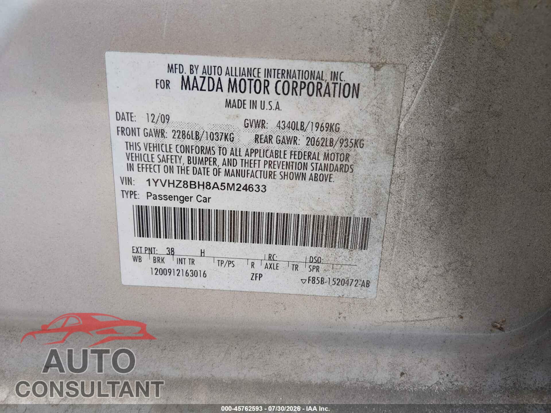 MAZDA MAZDA6 2010 - 1YVHZ8BH8A5M24633