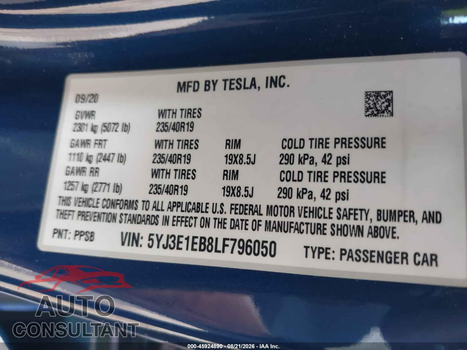 TESLA MODEL 3 2020 - 5YJ3E1EB8LF796050