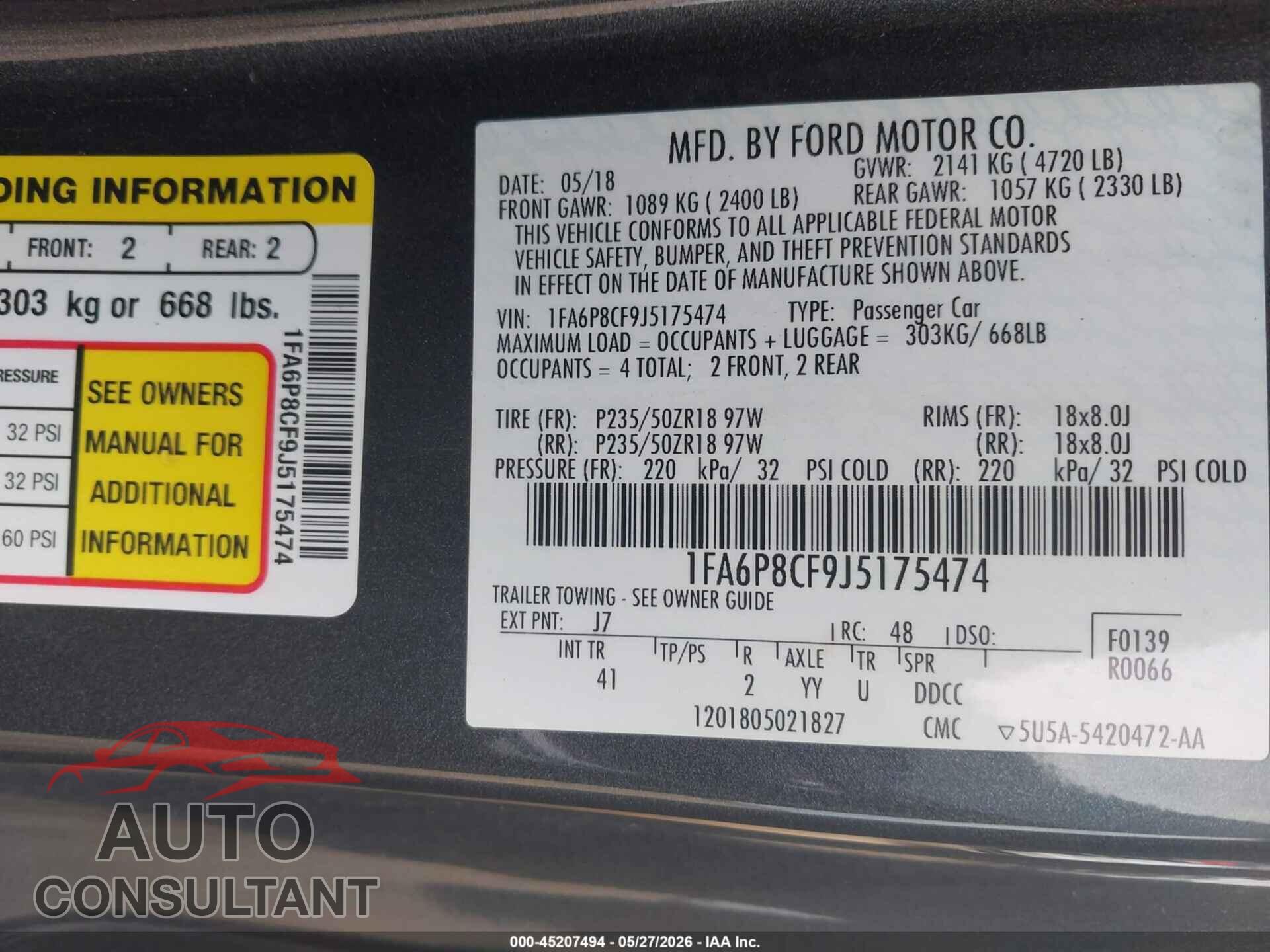 FORD MUSTANG 2018 - 1FA6P8CF9J5175474