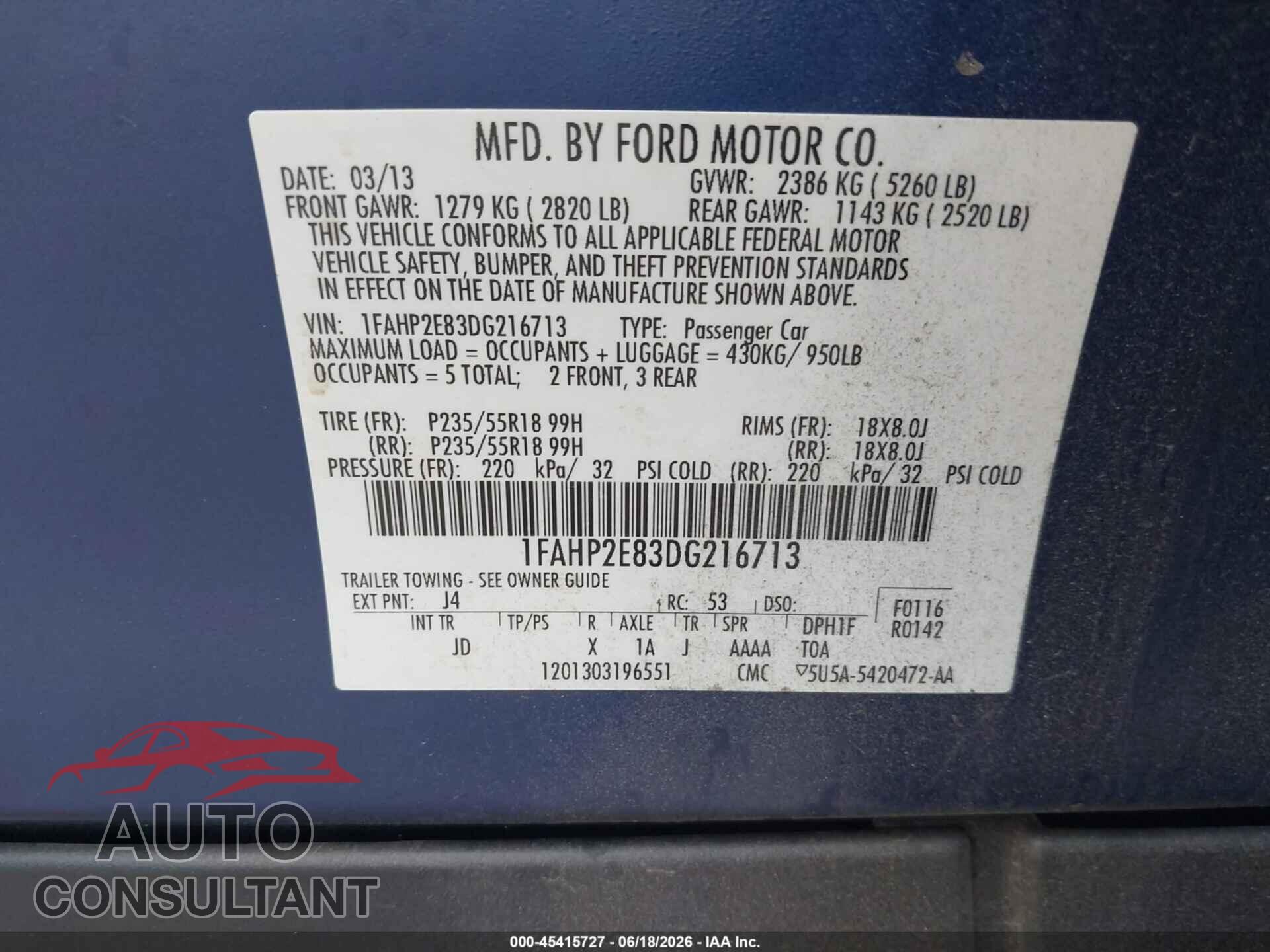 FORD TAURUS 2013 - 1FAHP2E83DG216713
