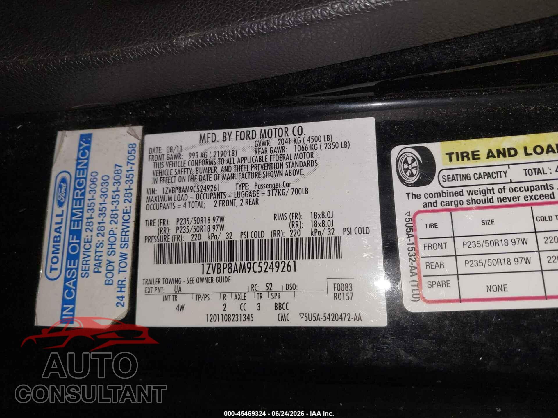 FORD MUSTANG 2012 - 1ZVBP8AM9C5249261